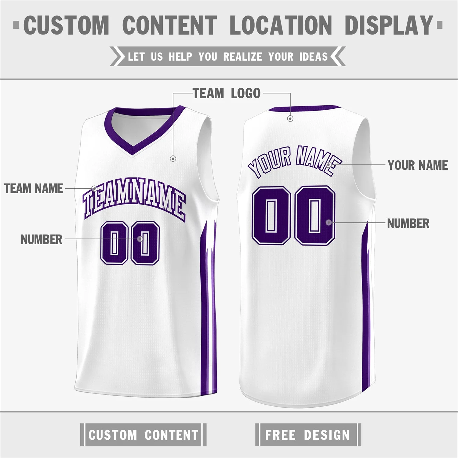 Custom White Purple Classic Tops Fashion Sportwear Basketball Jersey - Image 2