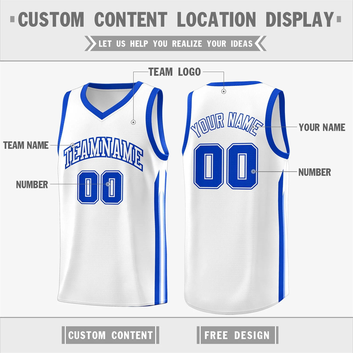 Custom White Royal Classic Tops Fashion Sportwear Basketball Jersey - Image 2