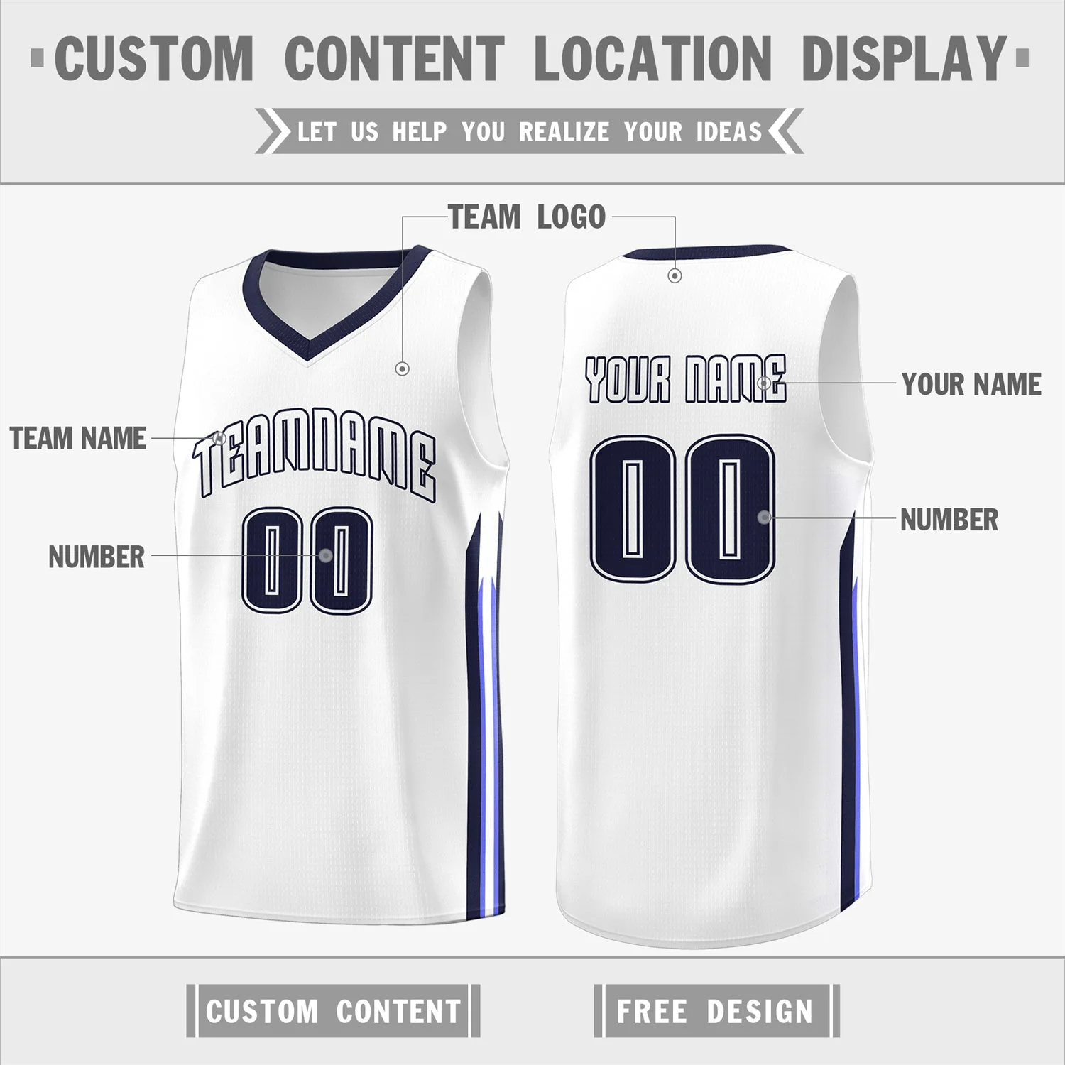 Custom White Navy Classic Tops Athletic Casual Basketball Jersey - Image 2
