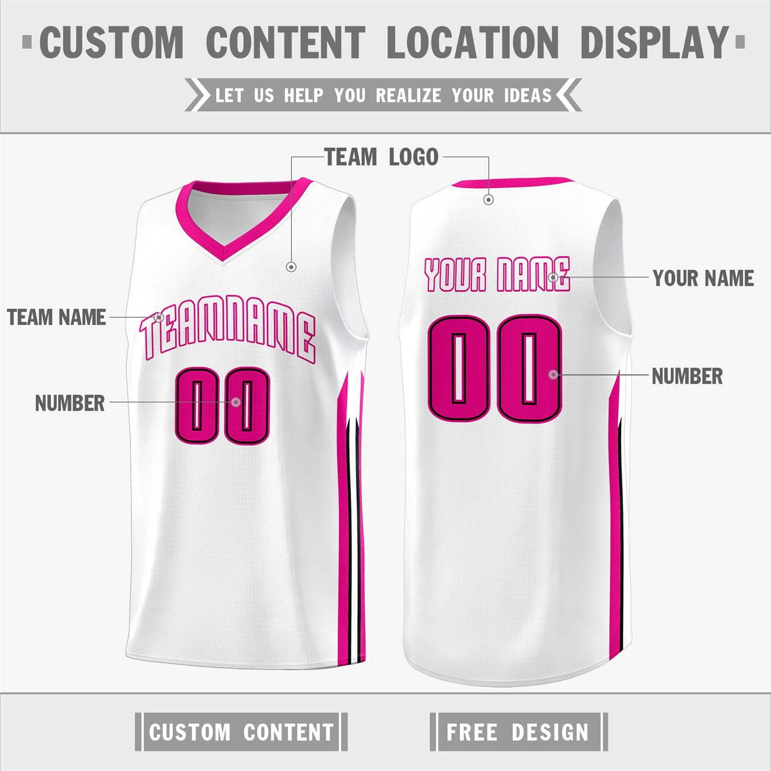 Custom White Pink Classic Tops Athletic Basketball Jersey - Image 2