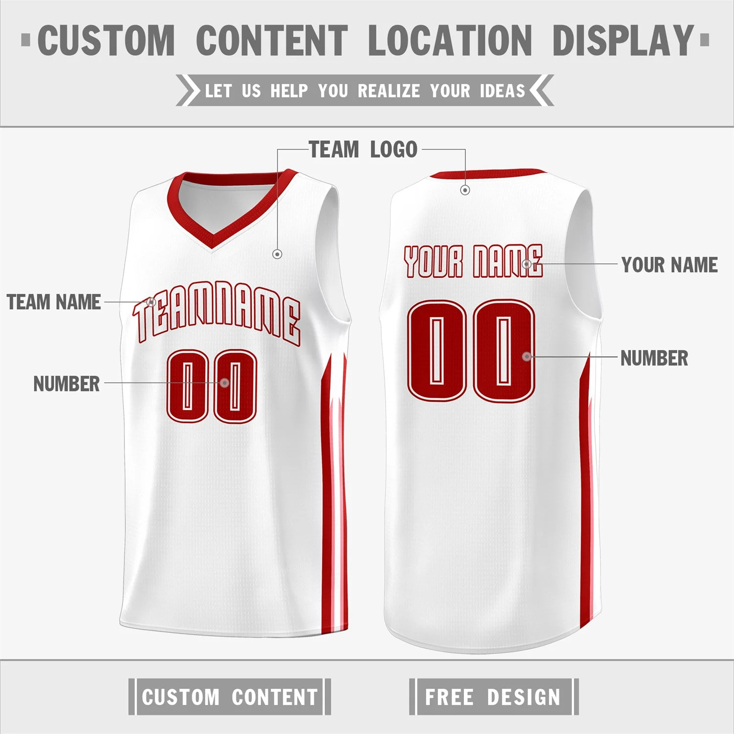 Custom White Red Classic Tops Athletic Casual Basketball Jersey - Image 2
