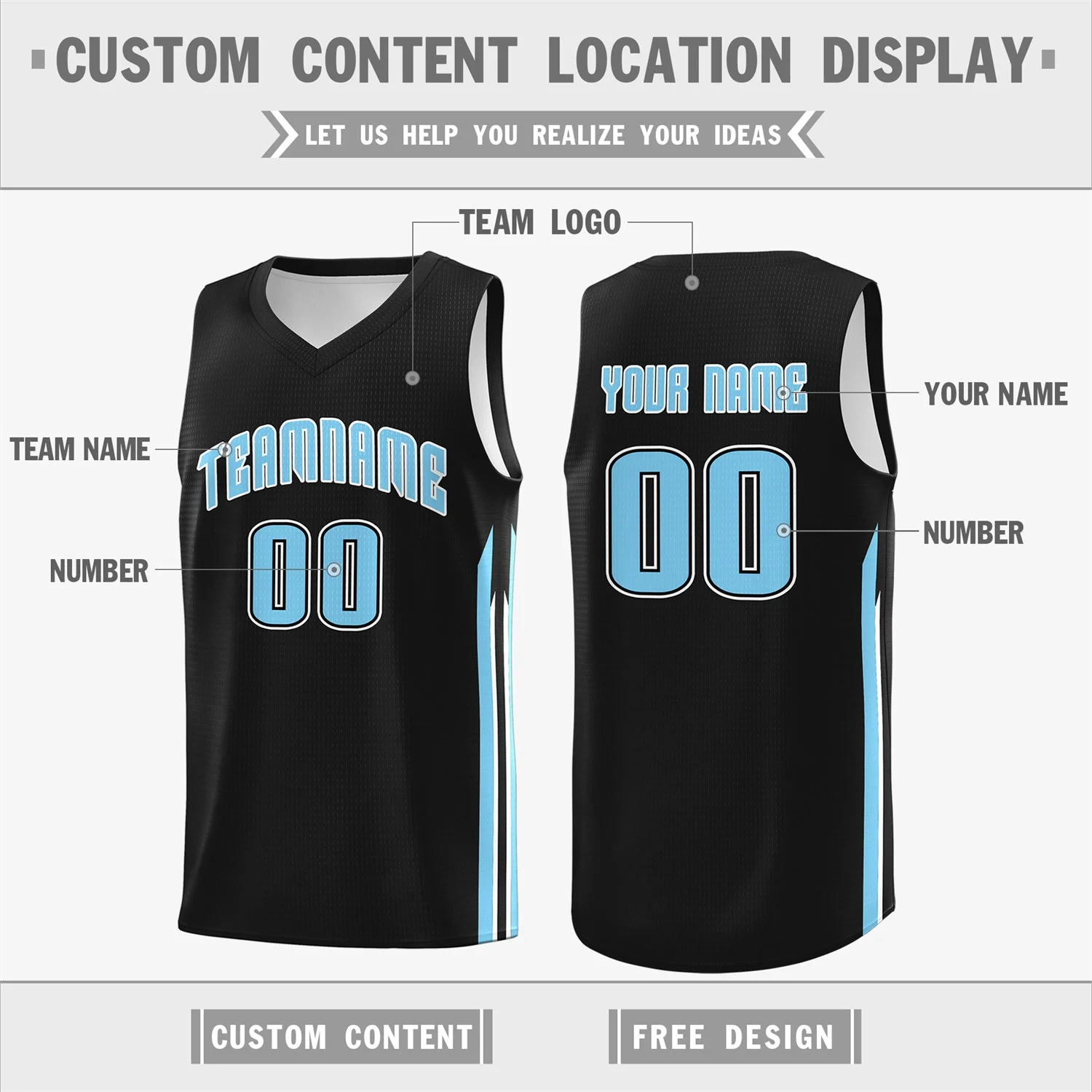 Custom Black Light Blue Classic Tops Sport Game Basketball Jersey - Image 2