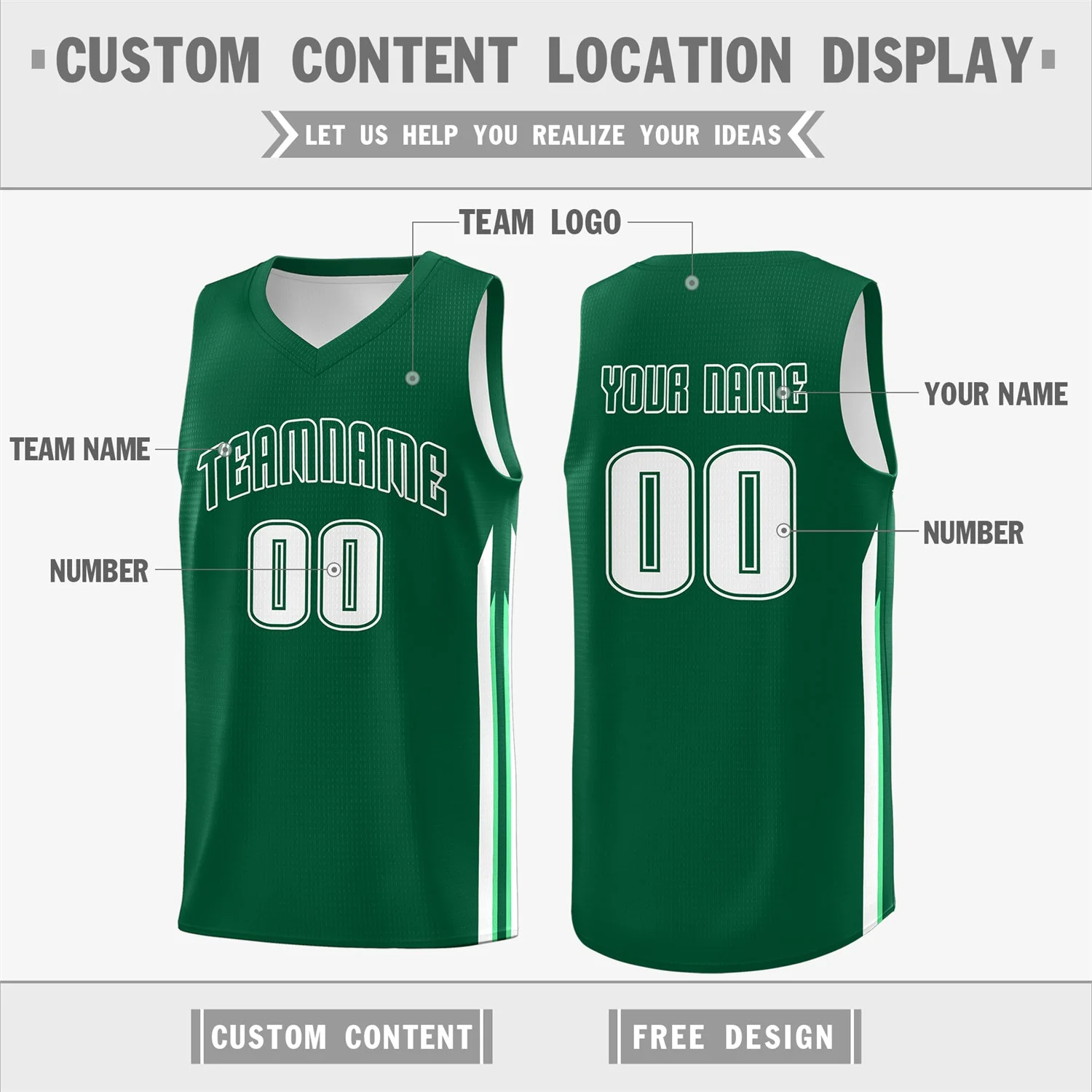 Custom Green White Classic Tops Sport Game Basketball Jersey - Image 2