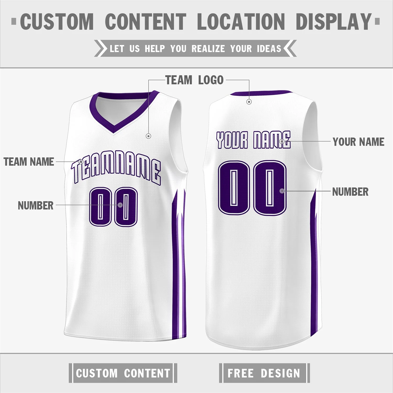 Custom White PurpleClassic Tops Athletic Casual Basketball Jersey - Image 2