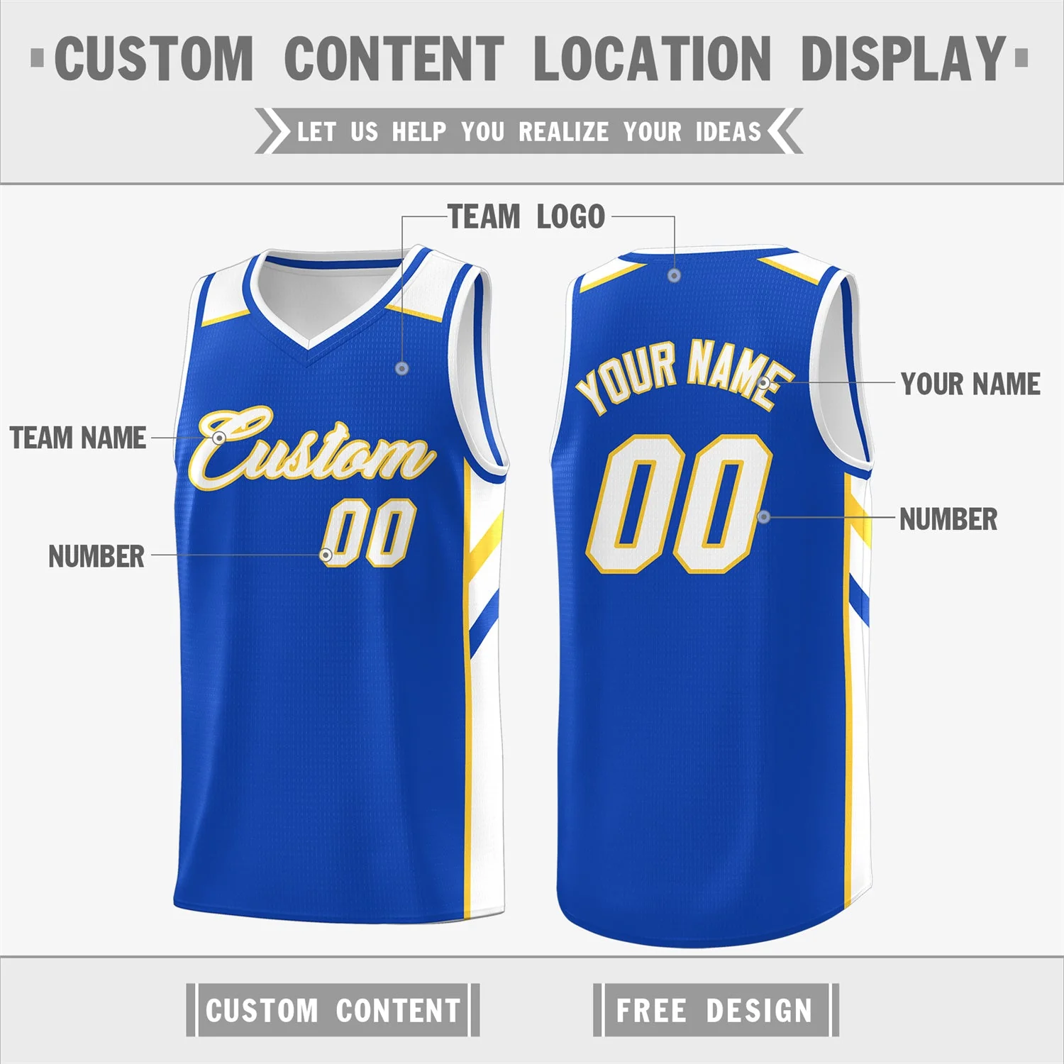 Custom Royal White-Yellow Classic Tops Men/Boy Athletic Basketball Jersey - Image 2