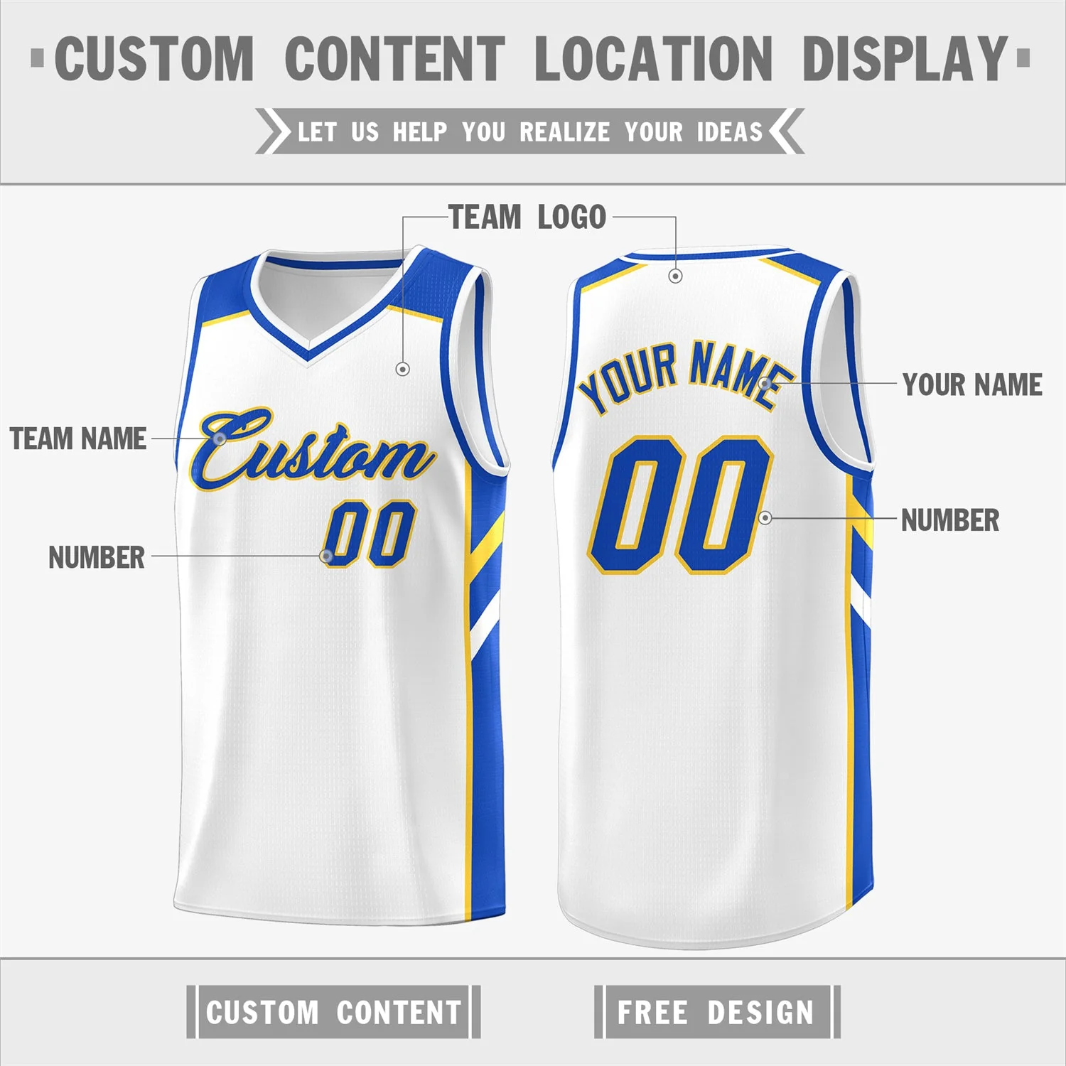 Custom White Yellow-Royal Classic Tops Men/Boy Athletic Basketball Jersey - Image 2