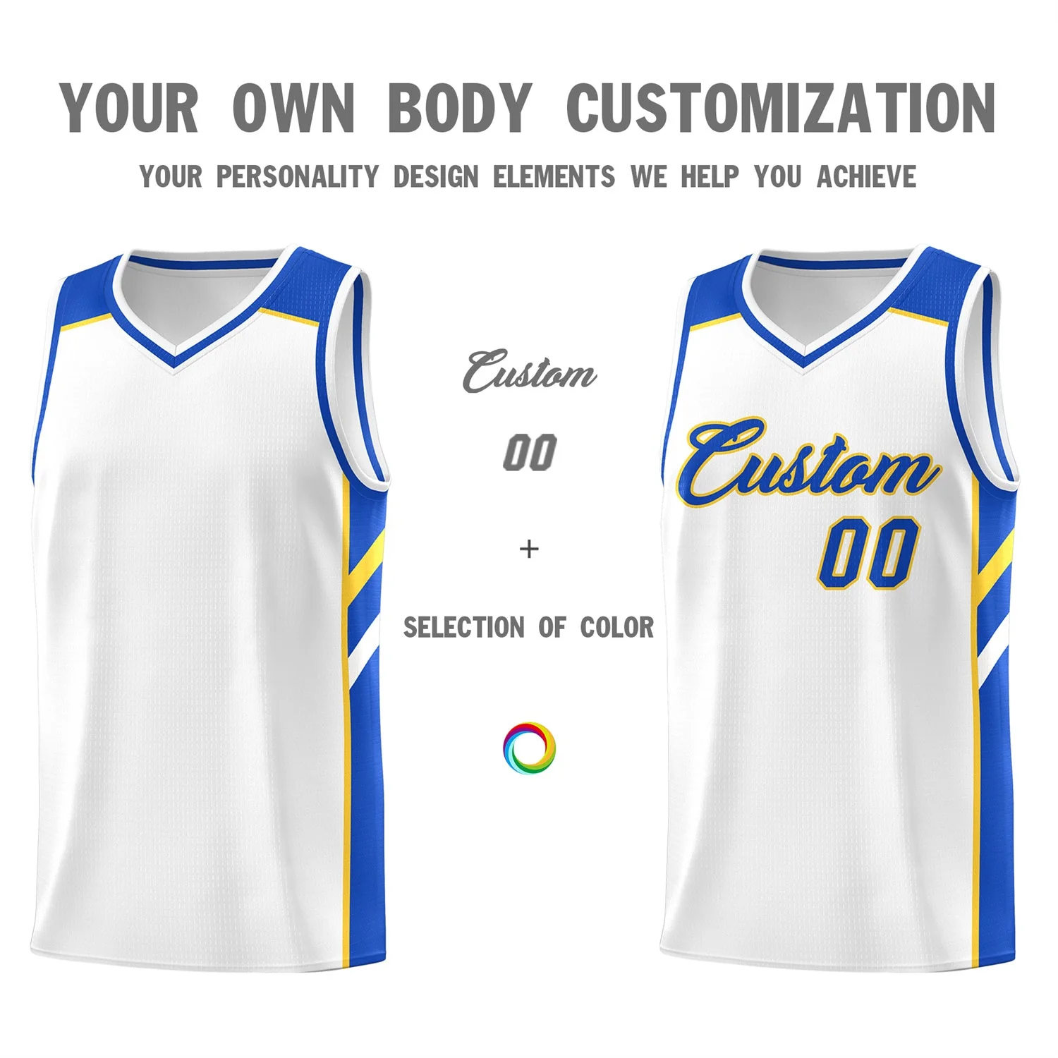 Custom White Yellow-Royal Classic Tops Men/Boy Athletic Basketball Jersey - Image 3