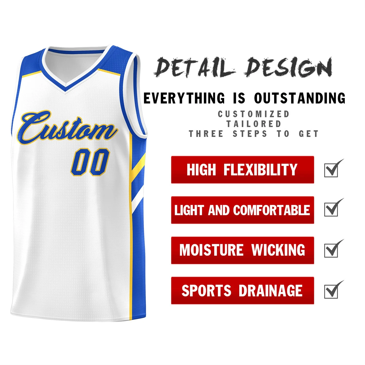 Custom White Yellow-Royal Classic Tops Men/Boy Athletic Basketball Jersey - Image 4