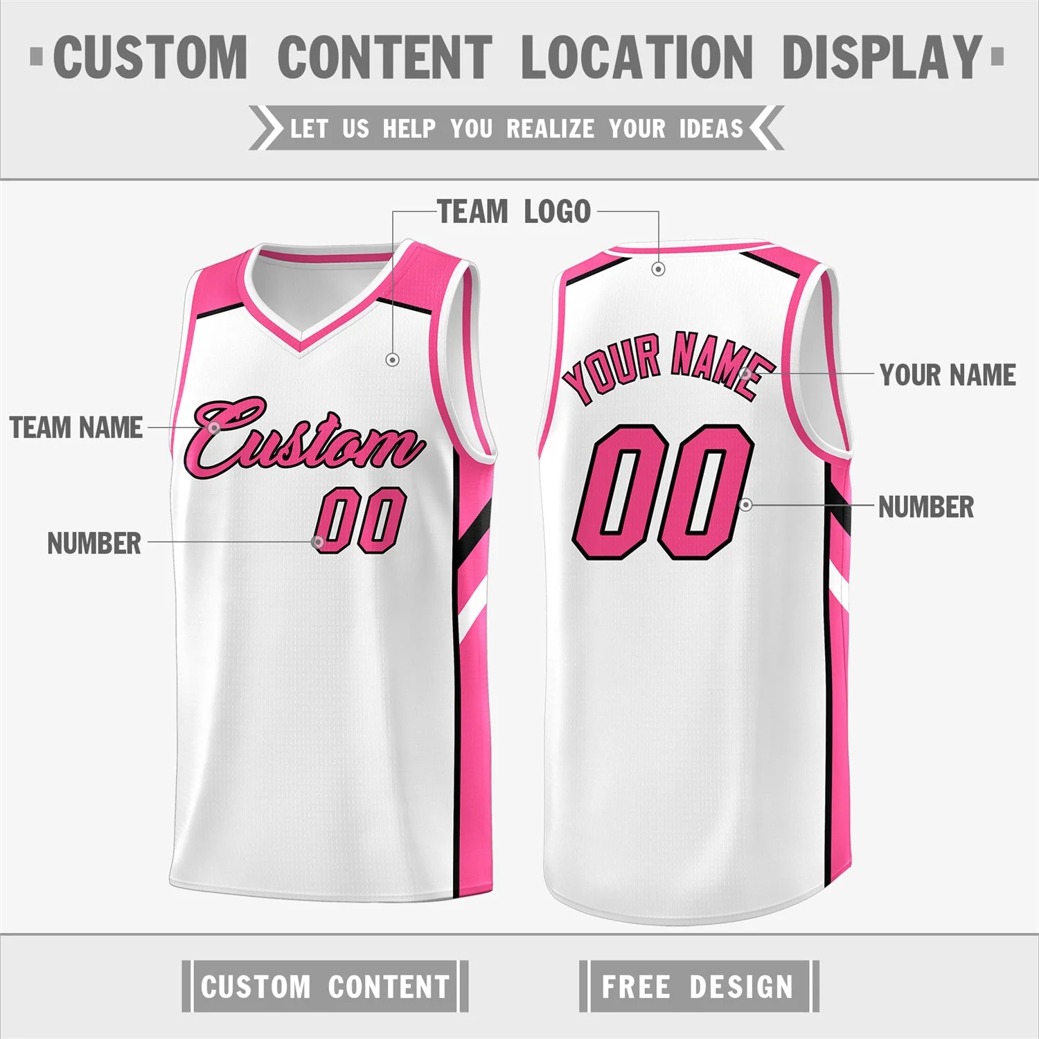 Custom White Pink Classic Tops Fashion Sportwear Basketball Jersey - Image 2