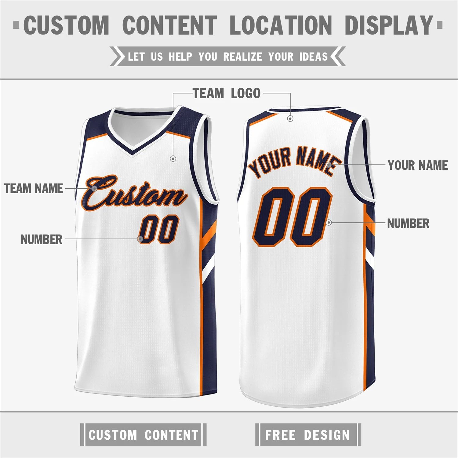 Custom White Navy-Orange Classic Tops Men/Boy Athletic Basketball Jersey - Image 2