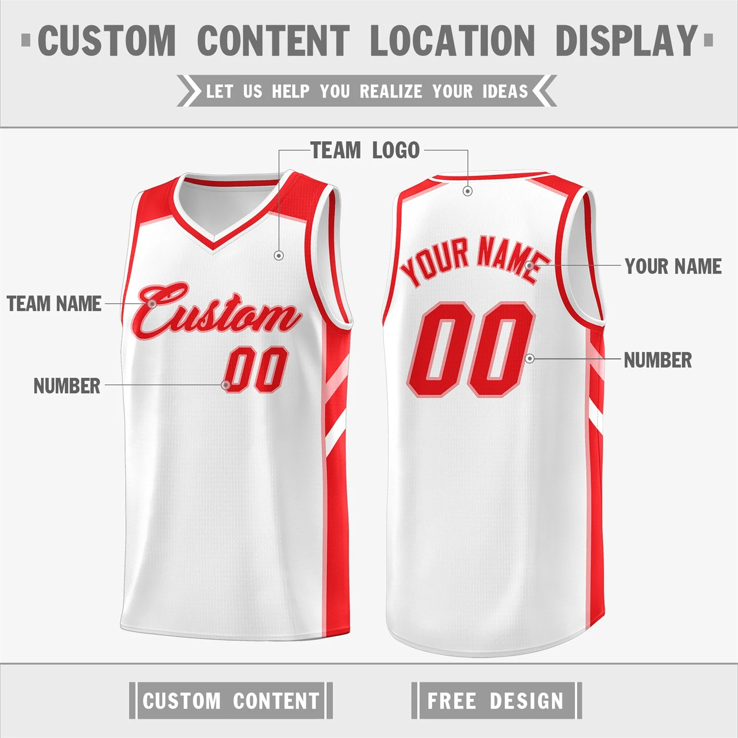 Custom White Red Classic Tops Fashion Sportwear Basketball Jersey - Image 2