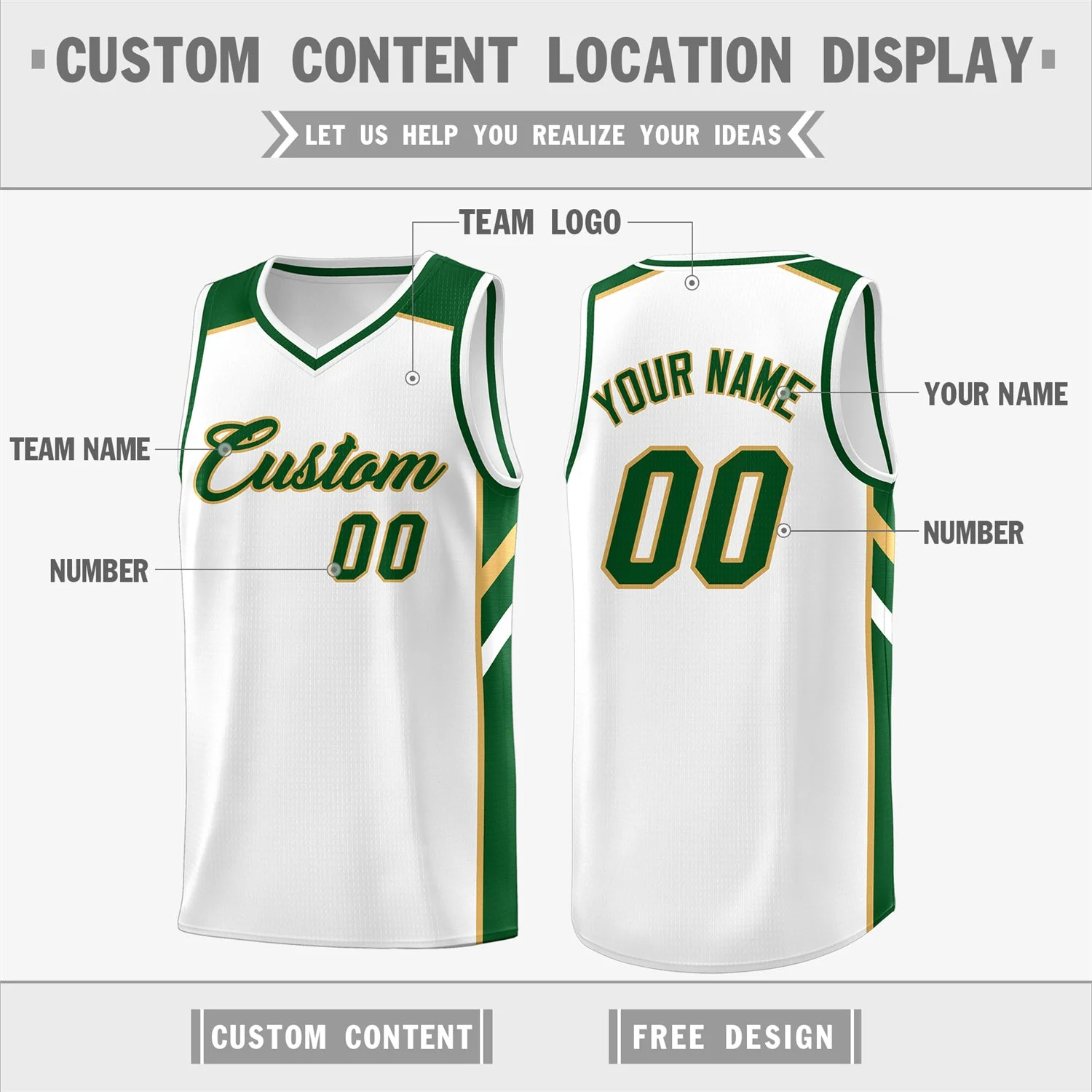 Custom White Green Classic Tops Men/Boy Athletic Basketball Jersey - Image 2
