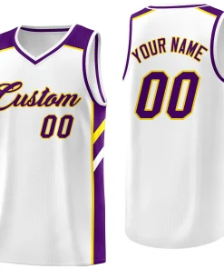 Custom White Purple-Yellow Classic Tops Men/Boy Athletic Basketball Jersey