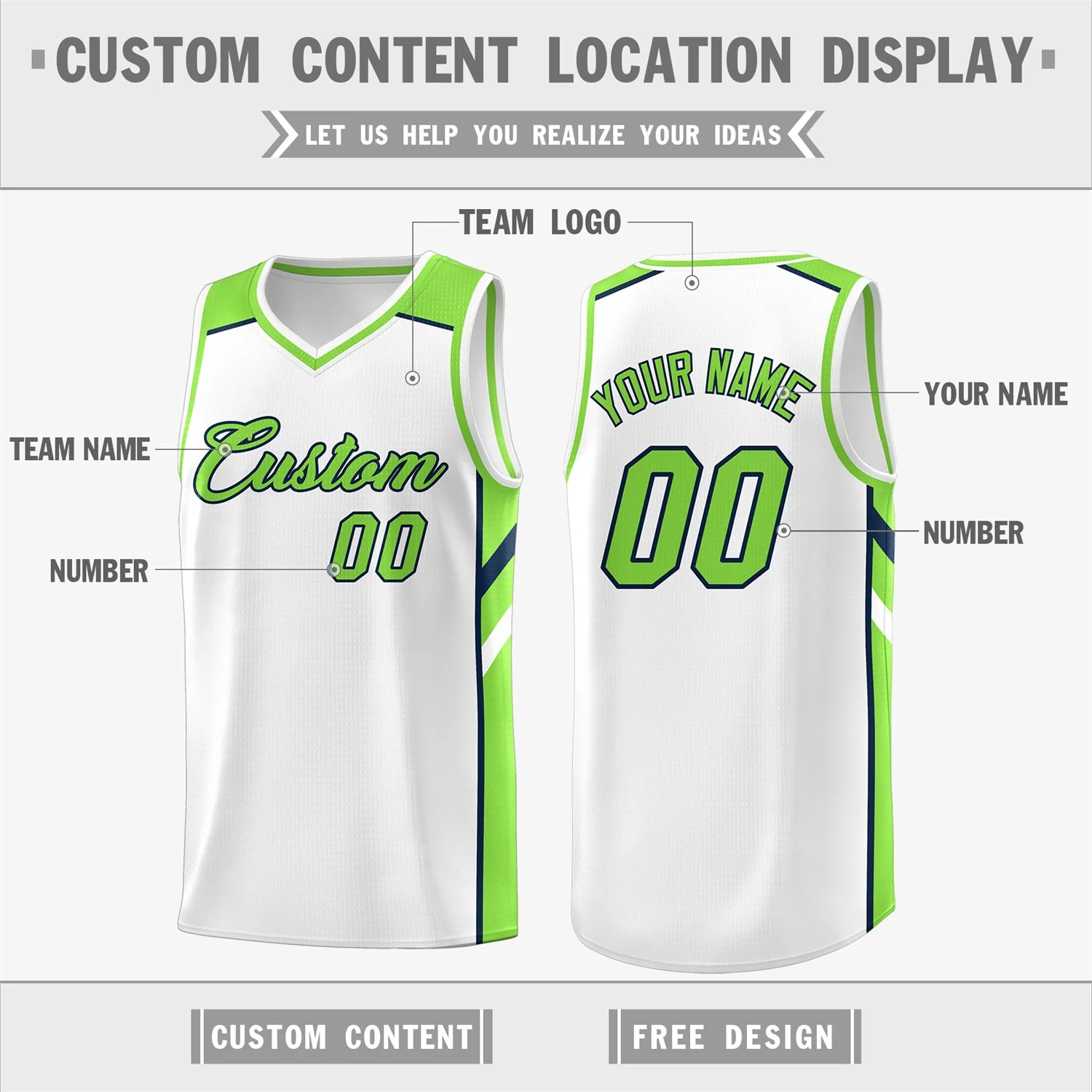 Custom White Green Classic Tops Men/Boy Athletic Basketball Jersey - Image 2