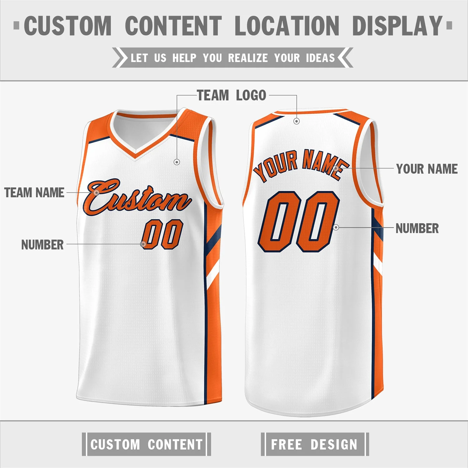 Custom White Orange-Navy Classic Tops Men/Boy Athletic Basketball Jersey - Image 2