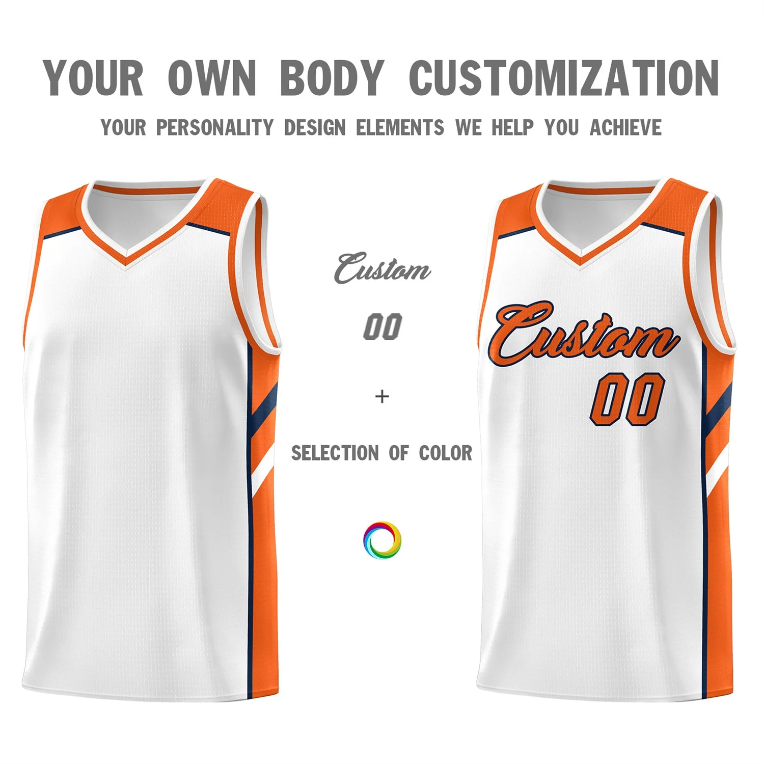 Custom White Orange-Navy Classic Tops Men/Boy Athletic Basketball Jersey - Image 3