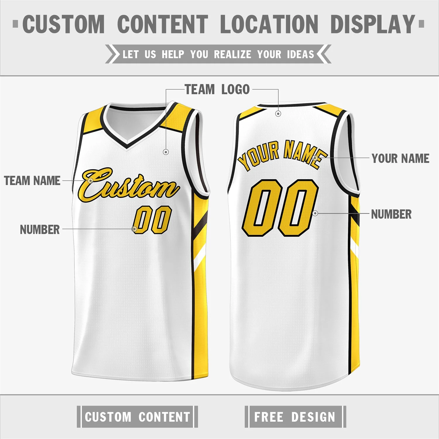 Custom White Yellow Classic Tops Men/Boy Athletic Basketball Jersey - Image 2