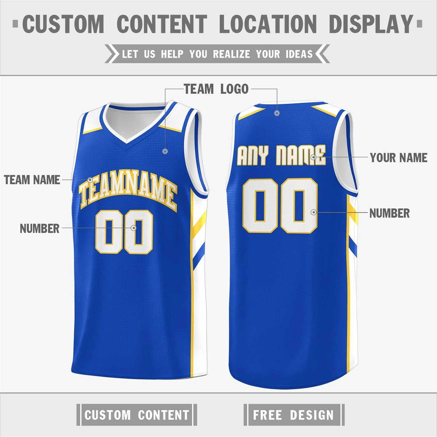 Custom Royal White-Yellow Classic Tops Men/Boy Athletic Basketball Jersey - Image 2