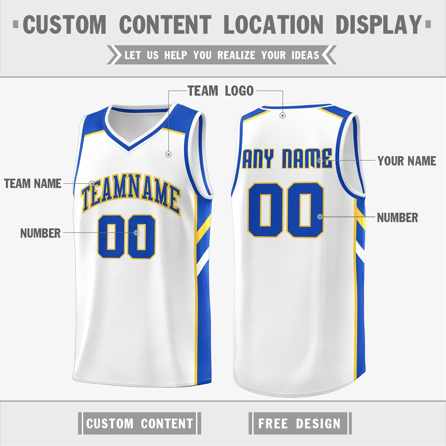Custom White Yellow-Royal Classic Tops Men/Boy Athletic Basketball Jersey - Image 2