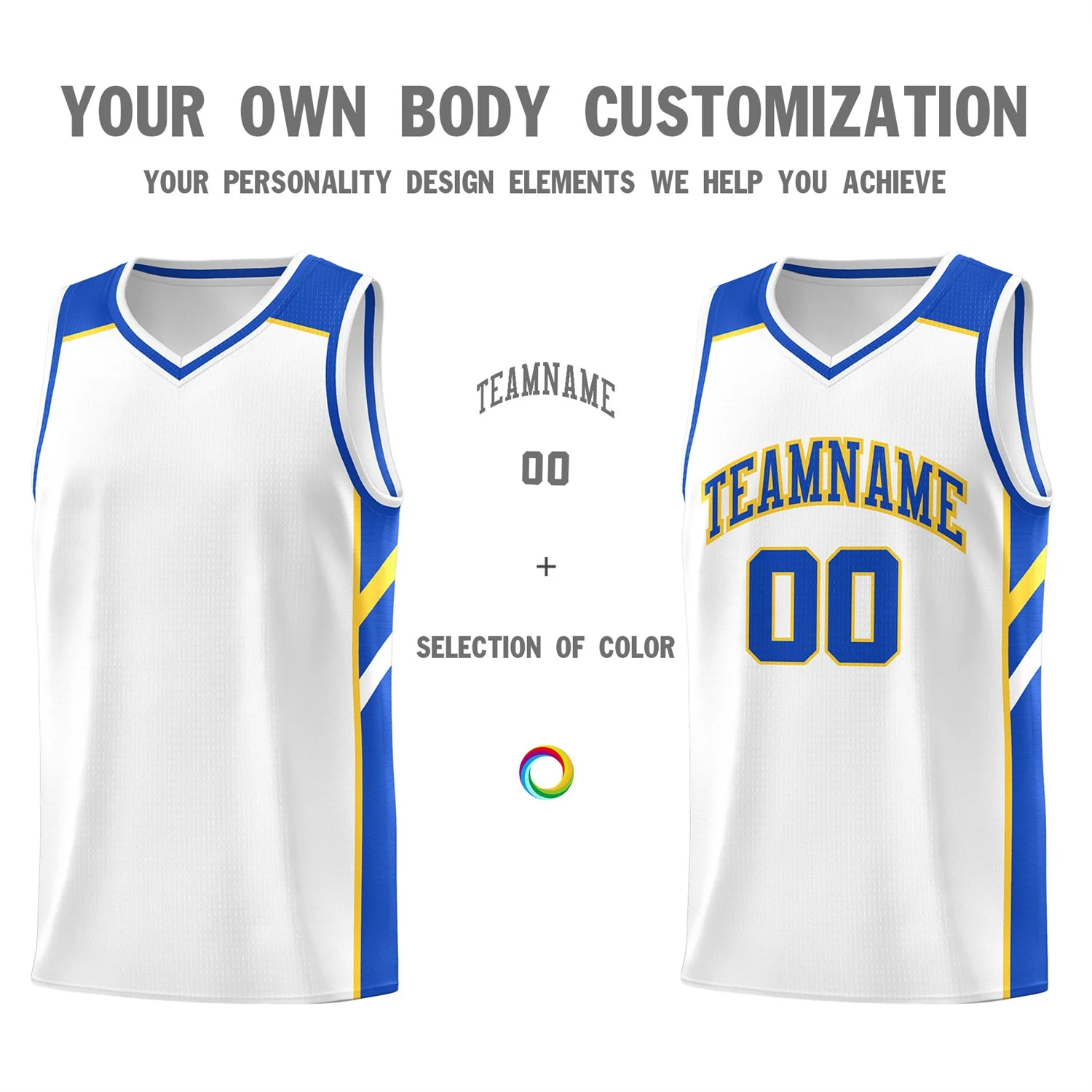 Custom White Yellow-Royal Classic Tops Men/Boy Athletic Basketball Jersey - Image 3