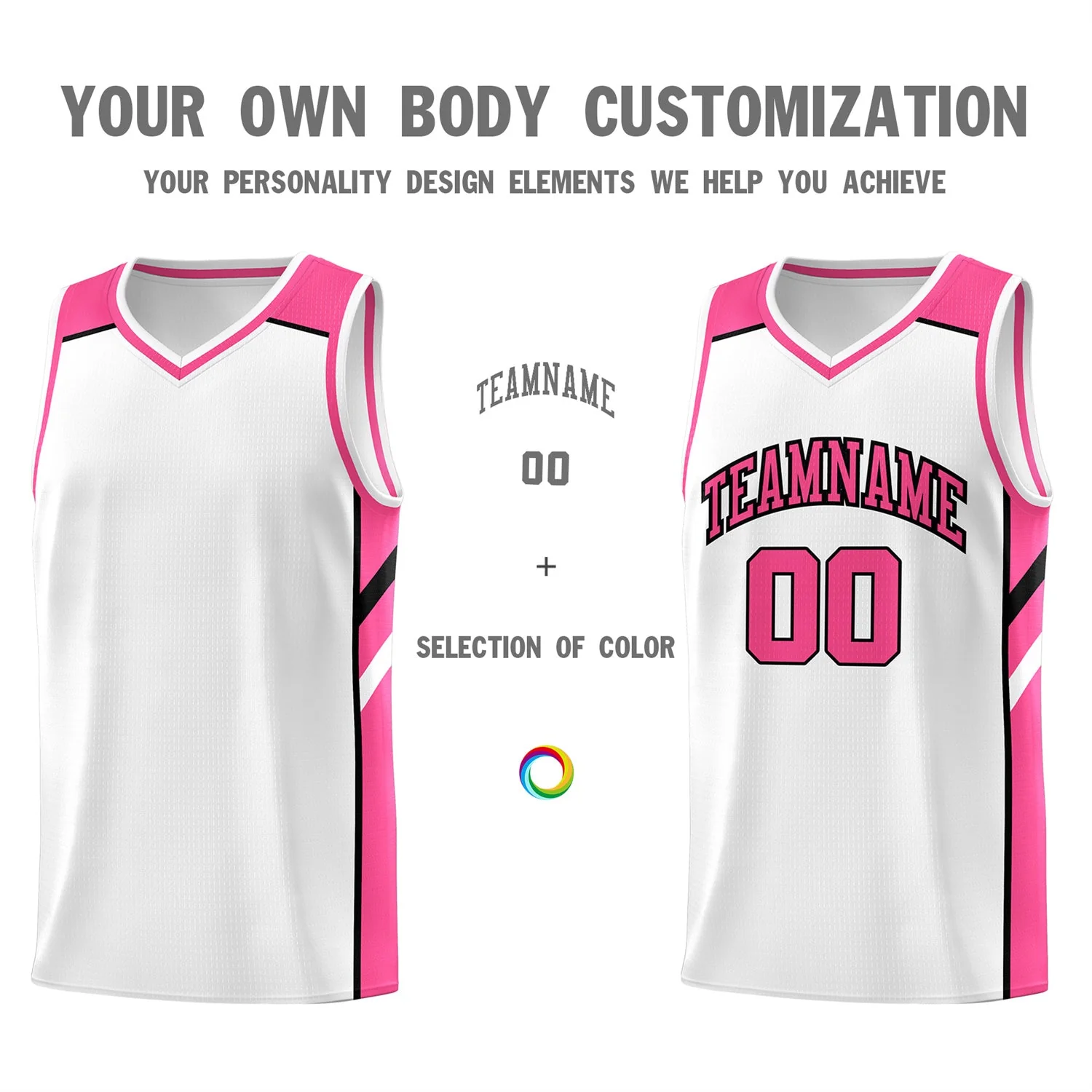 Custom White Pink Classic Tops Athletic Basketball Jersey - Image 3