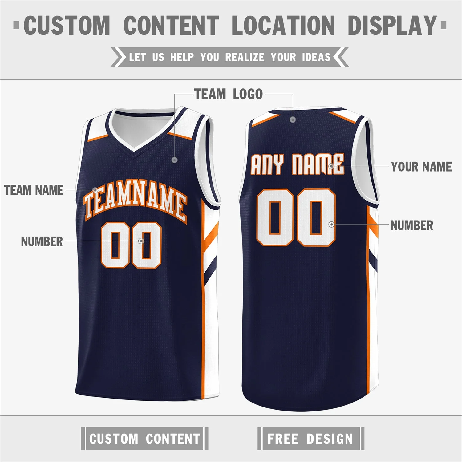 Custom Navy Orange-White Classic Tops Men/Boy Athletic Basketball Jersey - Image 2