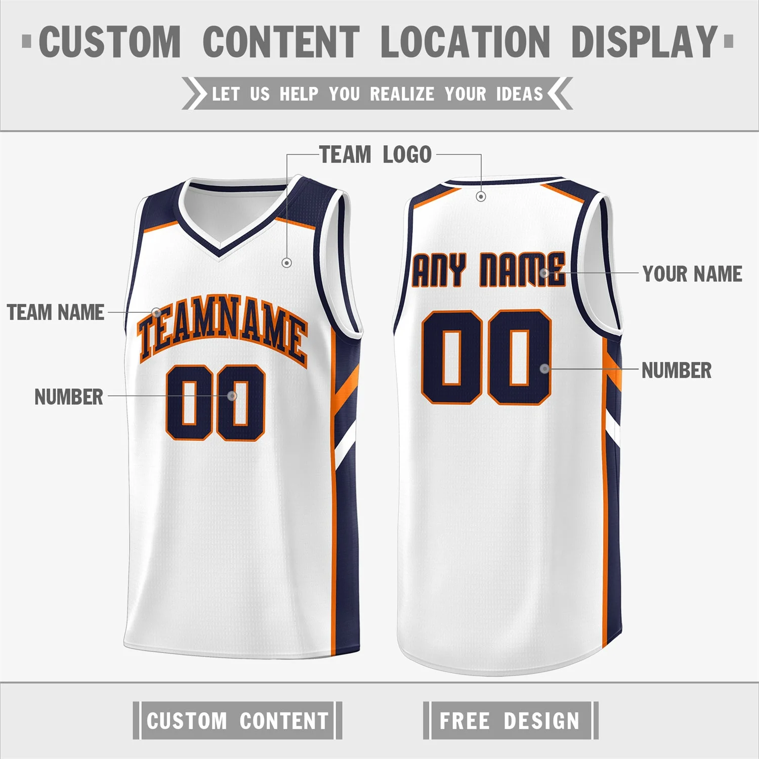 Custom White Navy-Orange Classic Tops Men/Boy Athletic Basketball Jersey - Image 2