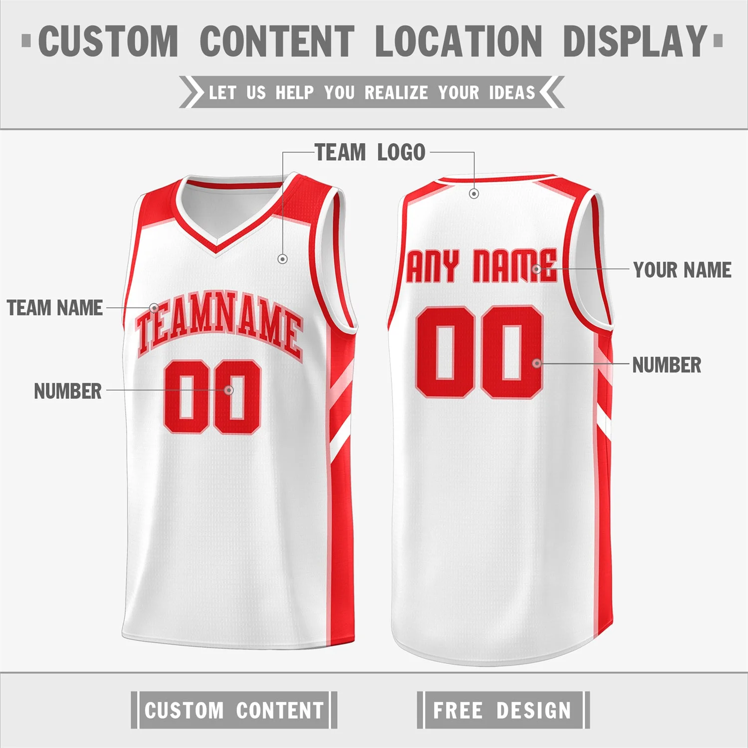 Custom White Red Classic Tops Athletic Basketball Jersey - Image 2