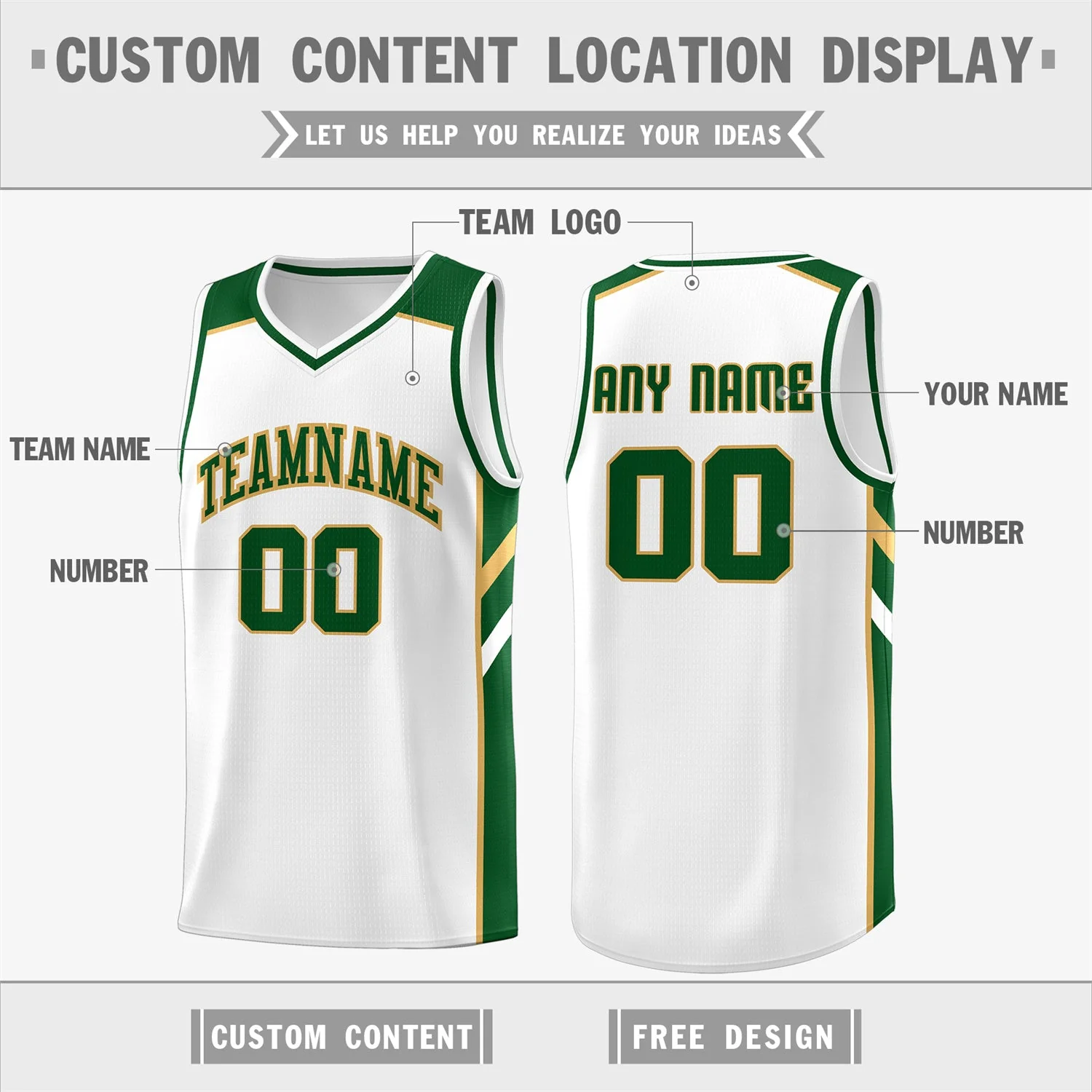 Custom White Green Classic Tops Men/Boy Athletic Basketball Jersey - Image 2