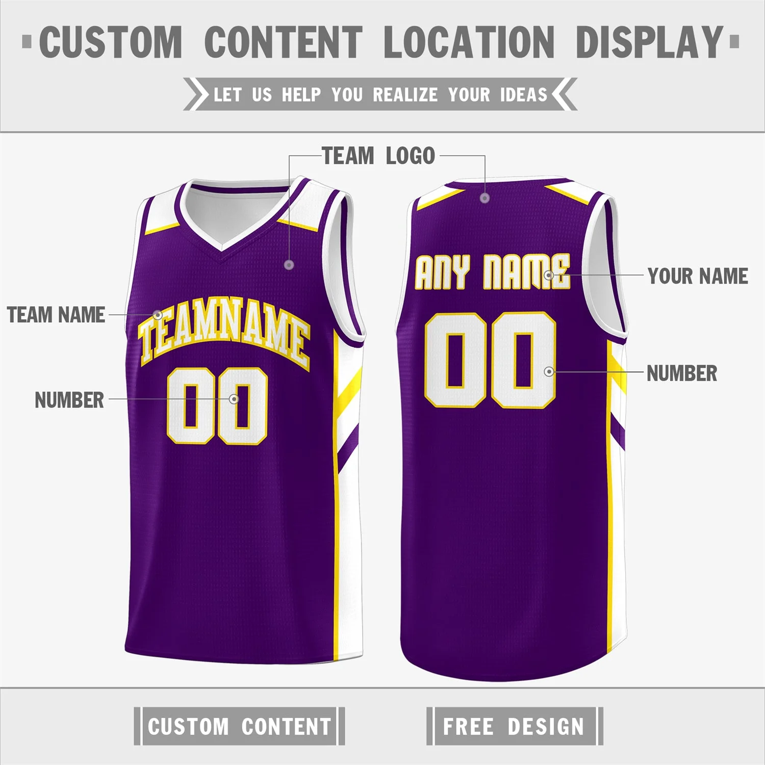 Custom Purple White-Yellow Classic Tops Men/Boy Athletic Basketball Jersey - Image 2