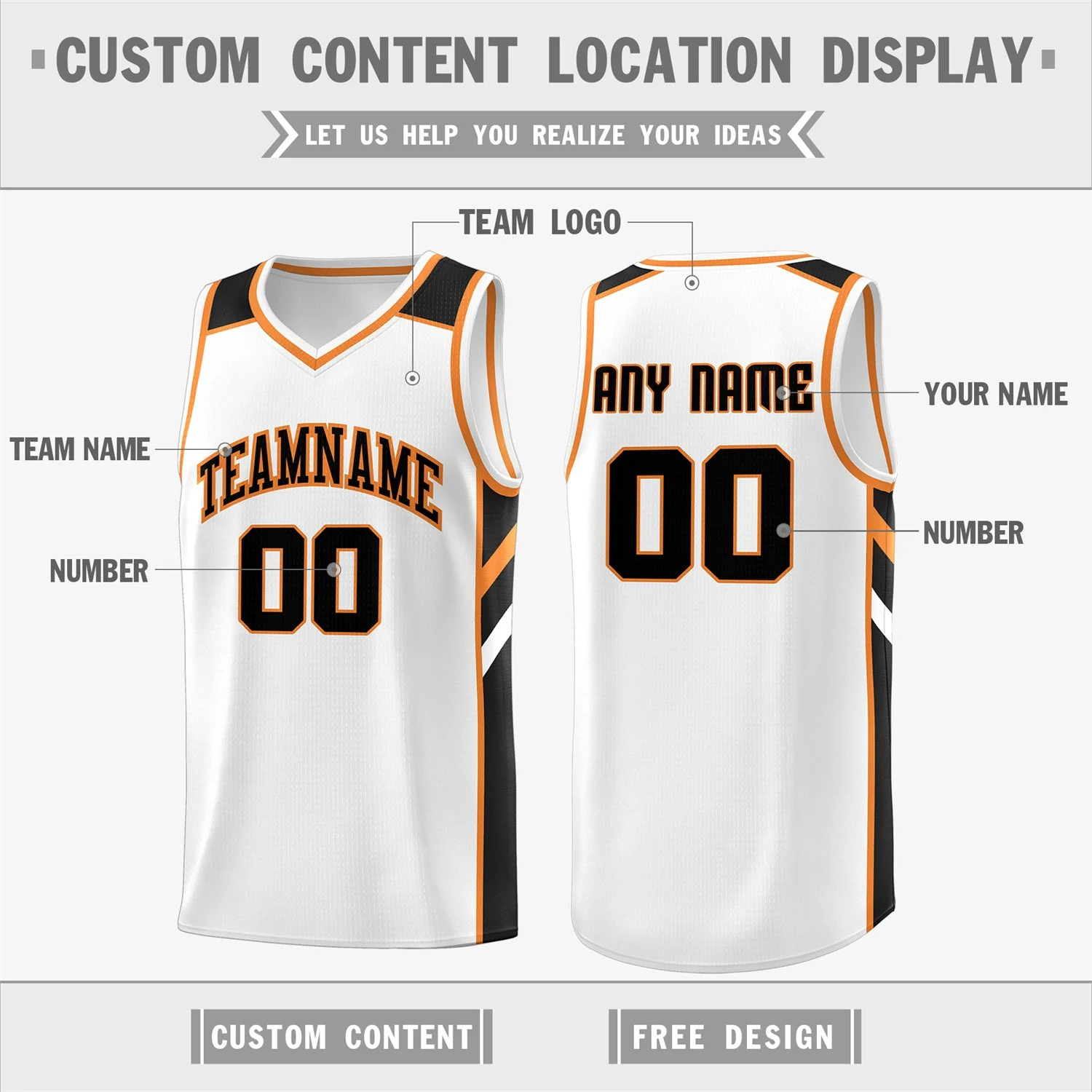Custom White Black-Orange Classic Tops Men/Boy Athletic Basketball Jersey - Image 2