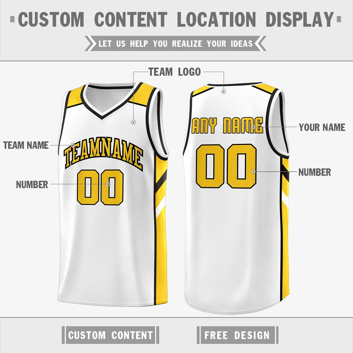 Custom White Yellow Classic Tops Men/Boy Athletic Basketball Jersey - Image 2