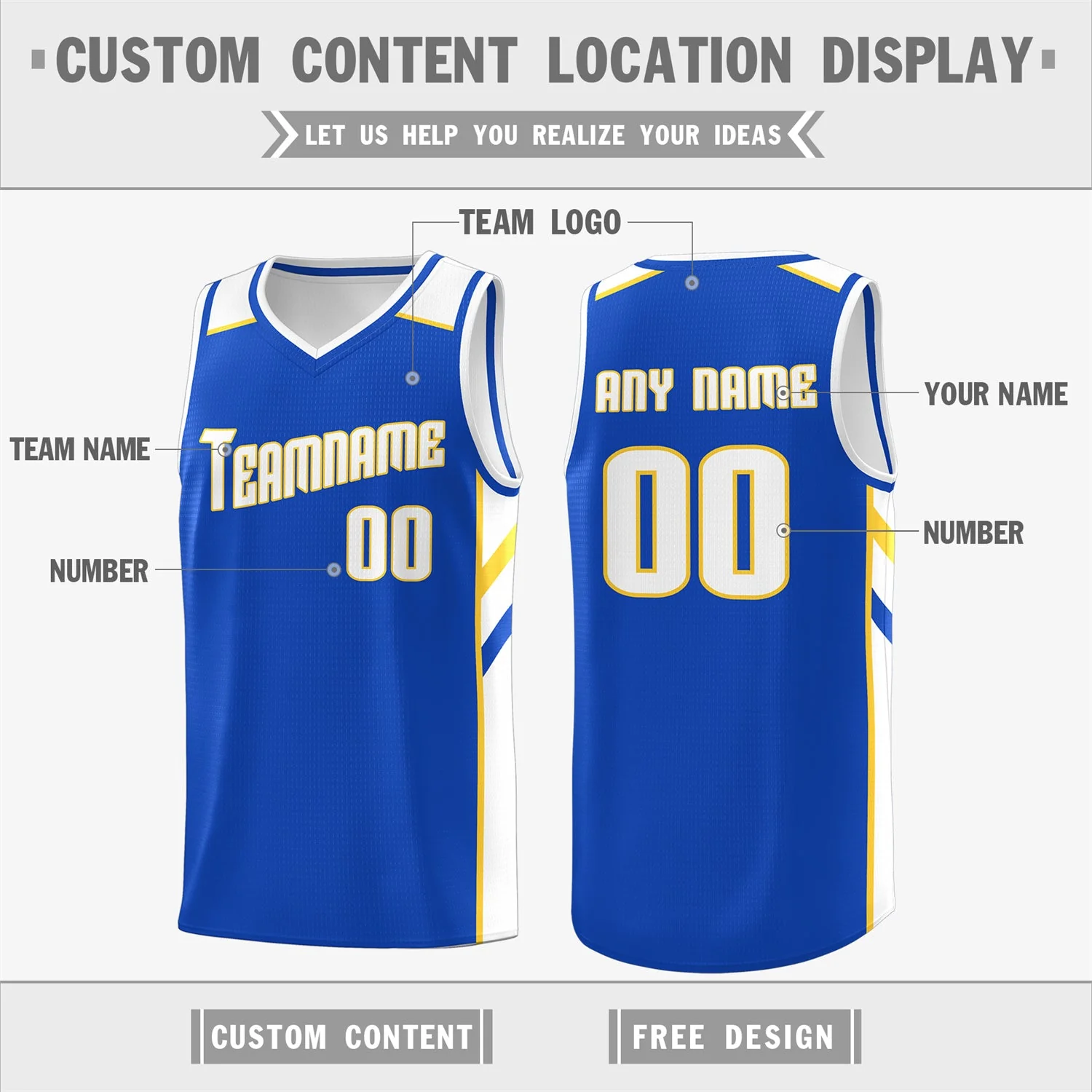 Custom Royal White-Yellow Classic Tops Men/Boy Athletic Basketball Jersey - Image 2