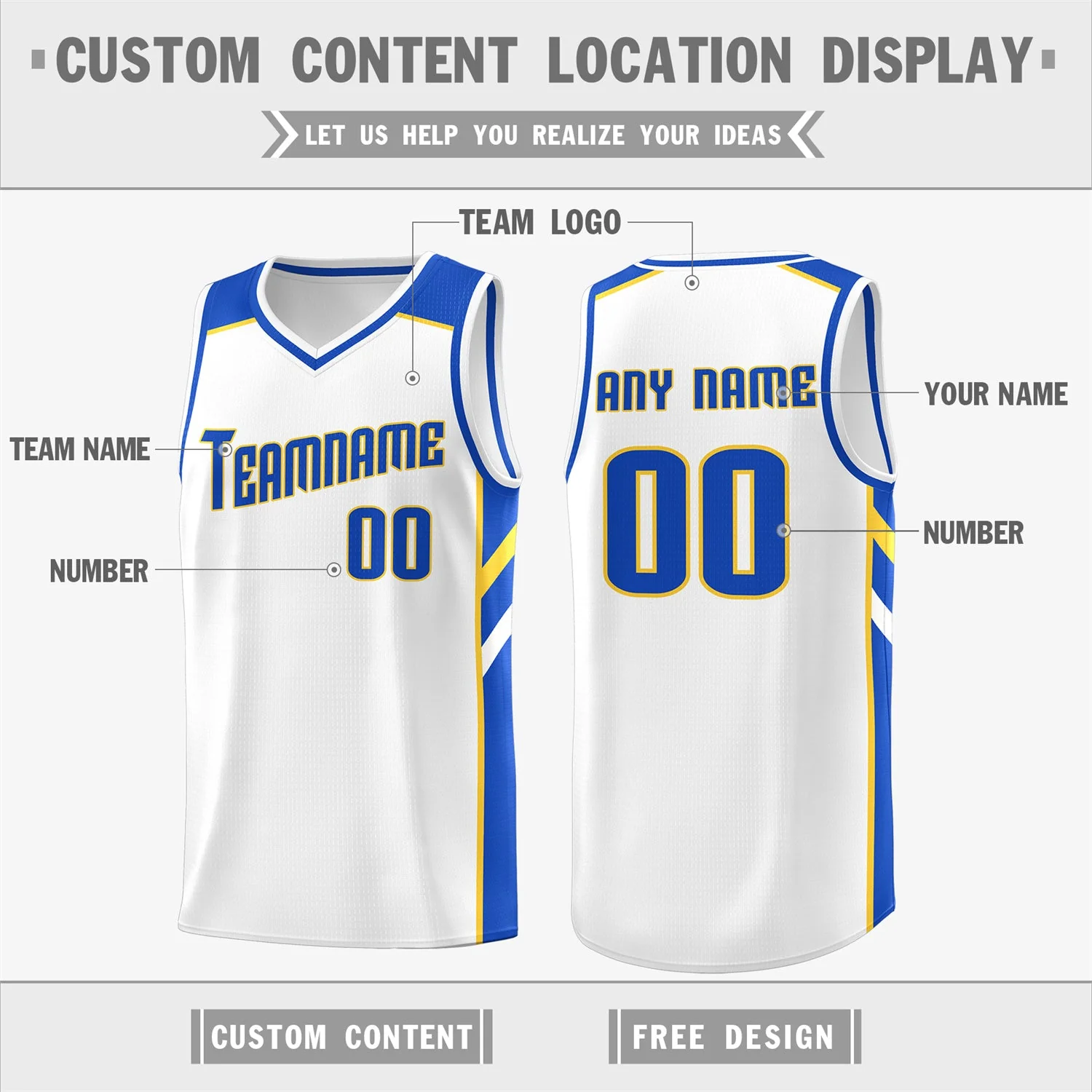Custom White Yellow-RoyalClassic Tops Breathable Basketball Jersey - Image 2