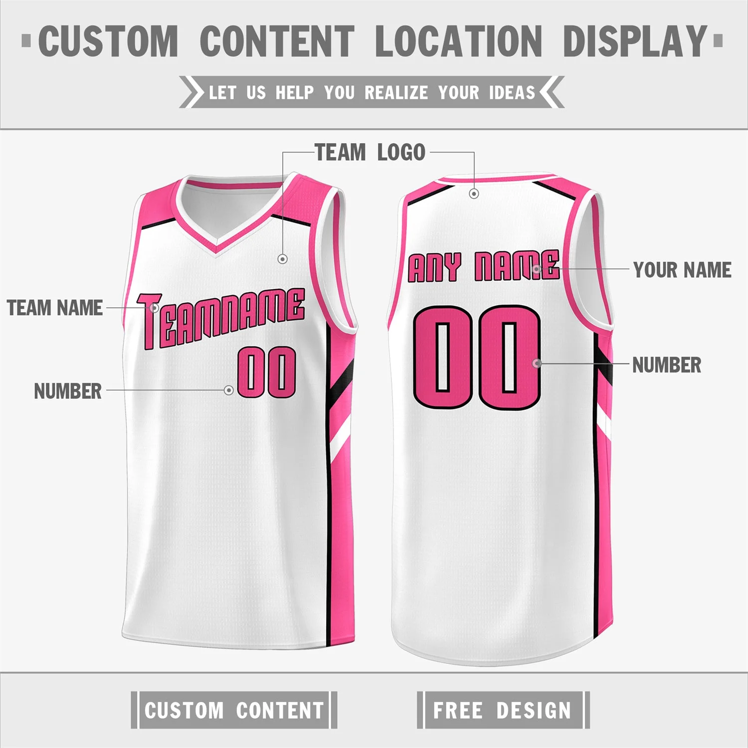 Custom White-Pink Classic Tops Sport Game Basketball Jersey - Image 2