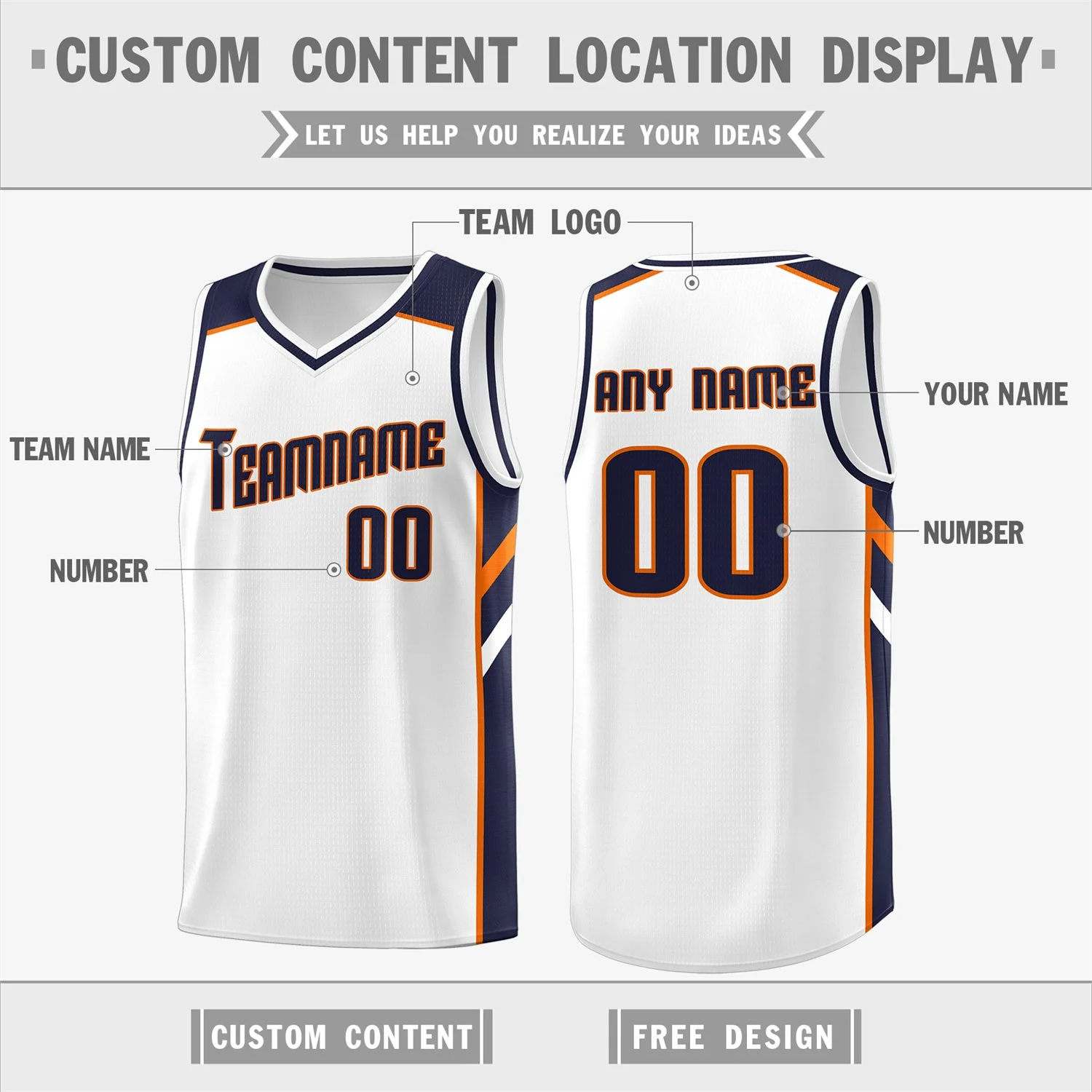 Custom White Navy-Orange Classic Tops Men/Boy Athletic Basketball Jersey - Image 2