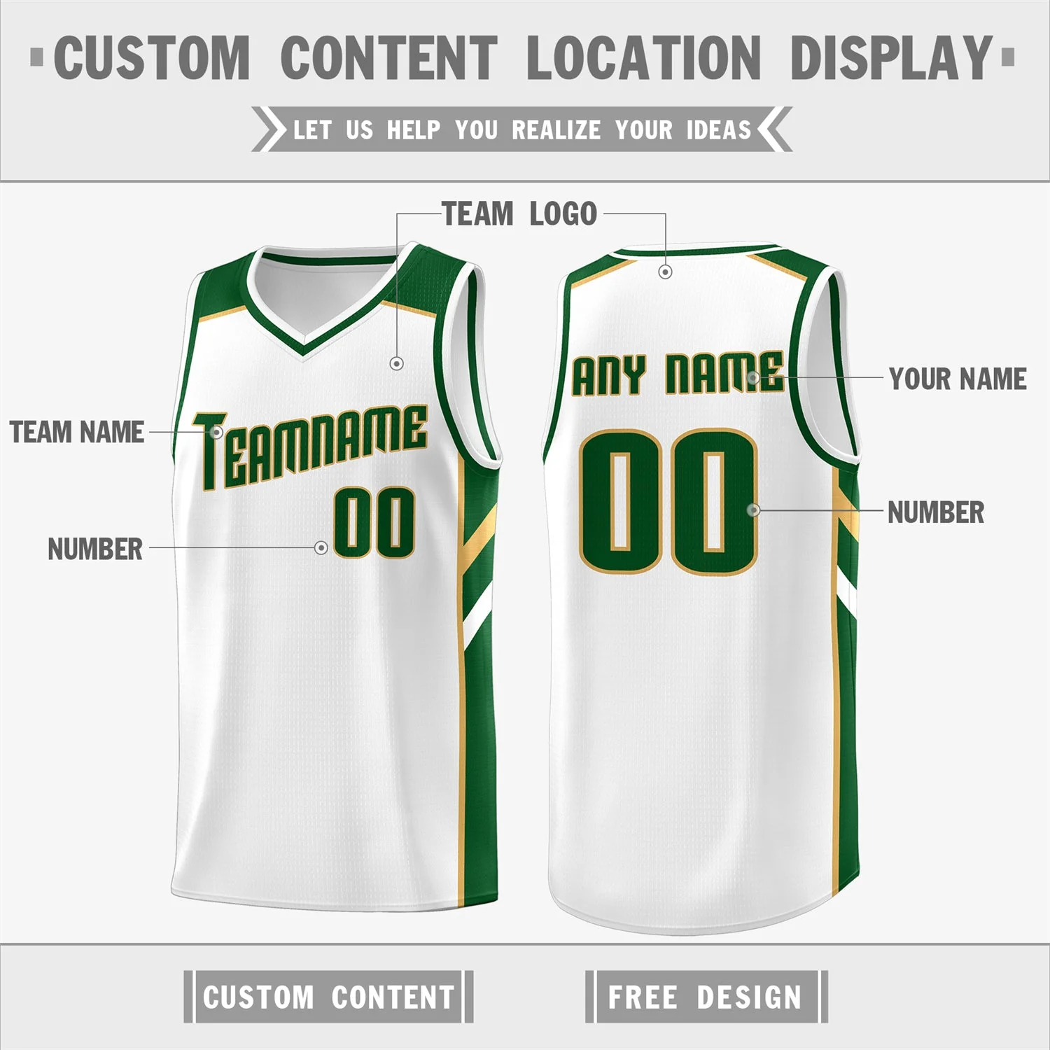 Custom White Green-Khaki Classic Tops Men/Boy Athletic Basketball Jersey - Image 2