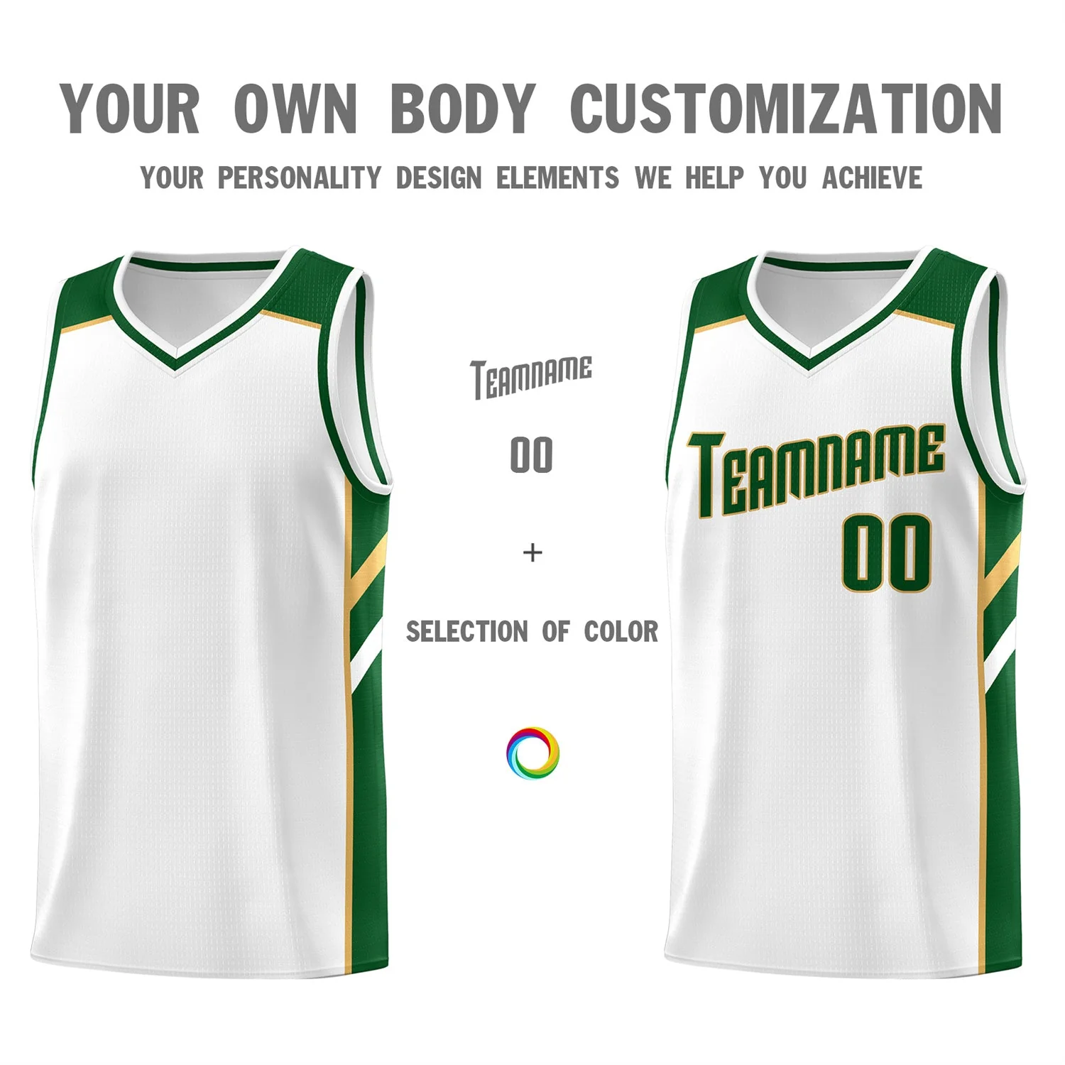 Custom White Green-Khaki Classic Tops Men/Boy Athletic Basketball Jersey - Image 3