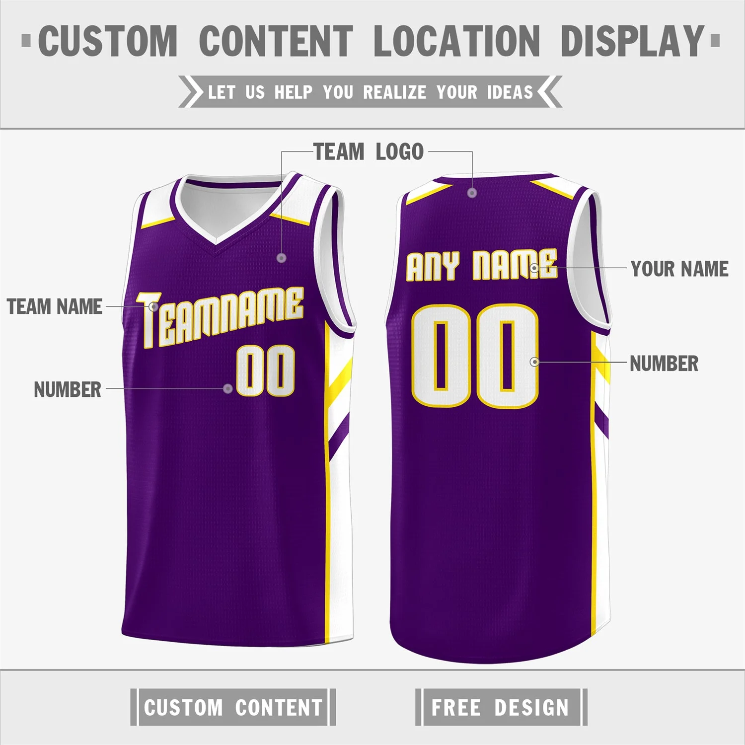Custom Purple White-Yellow Classic Tops Men/Boy Athletic Basketball Jersey - Image 2