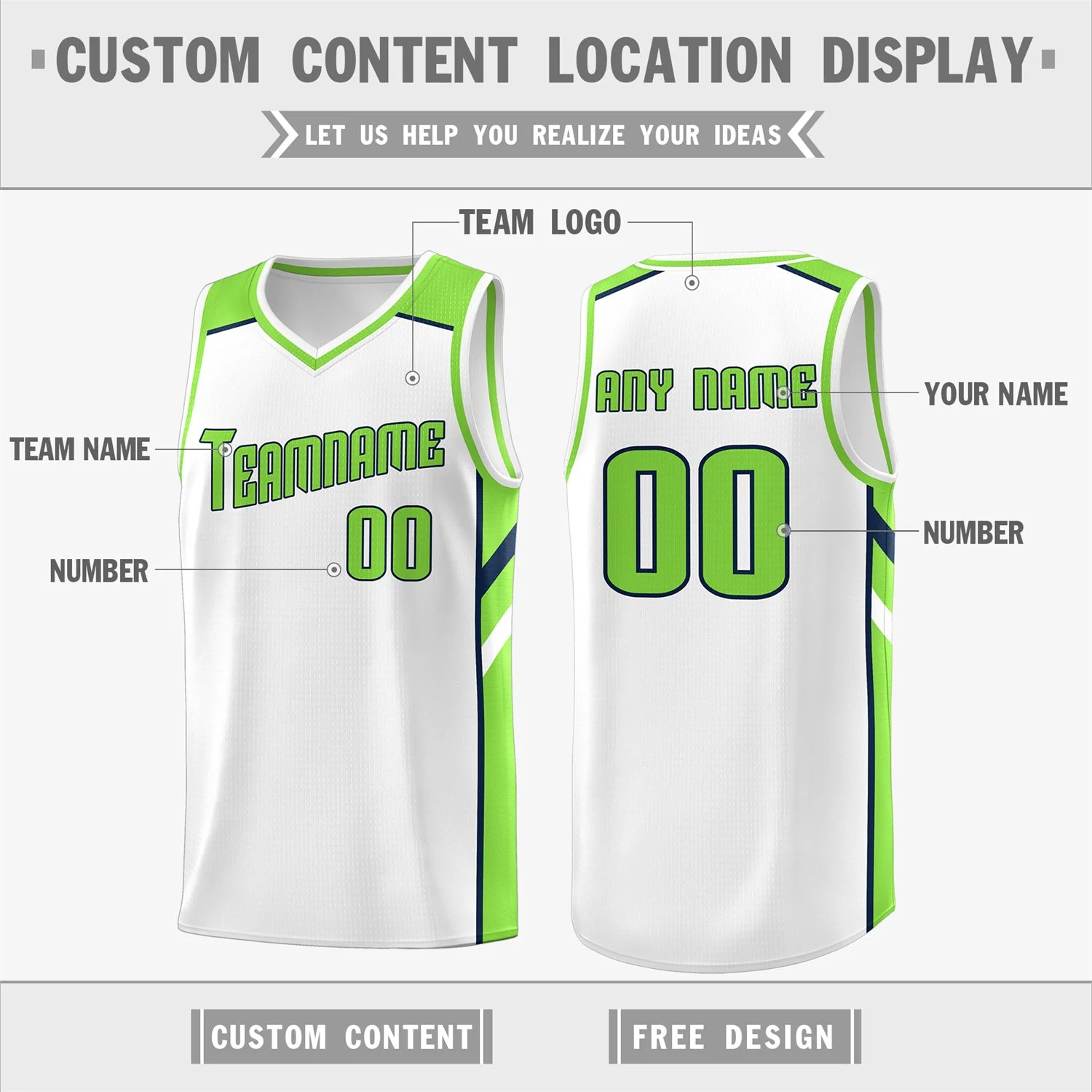Custom White Green Classic Tops Men/Boy Athletic Basketball Jersey - Image 2