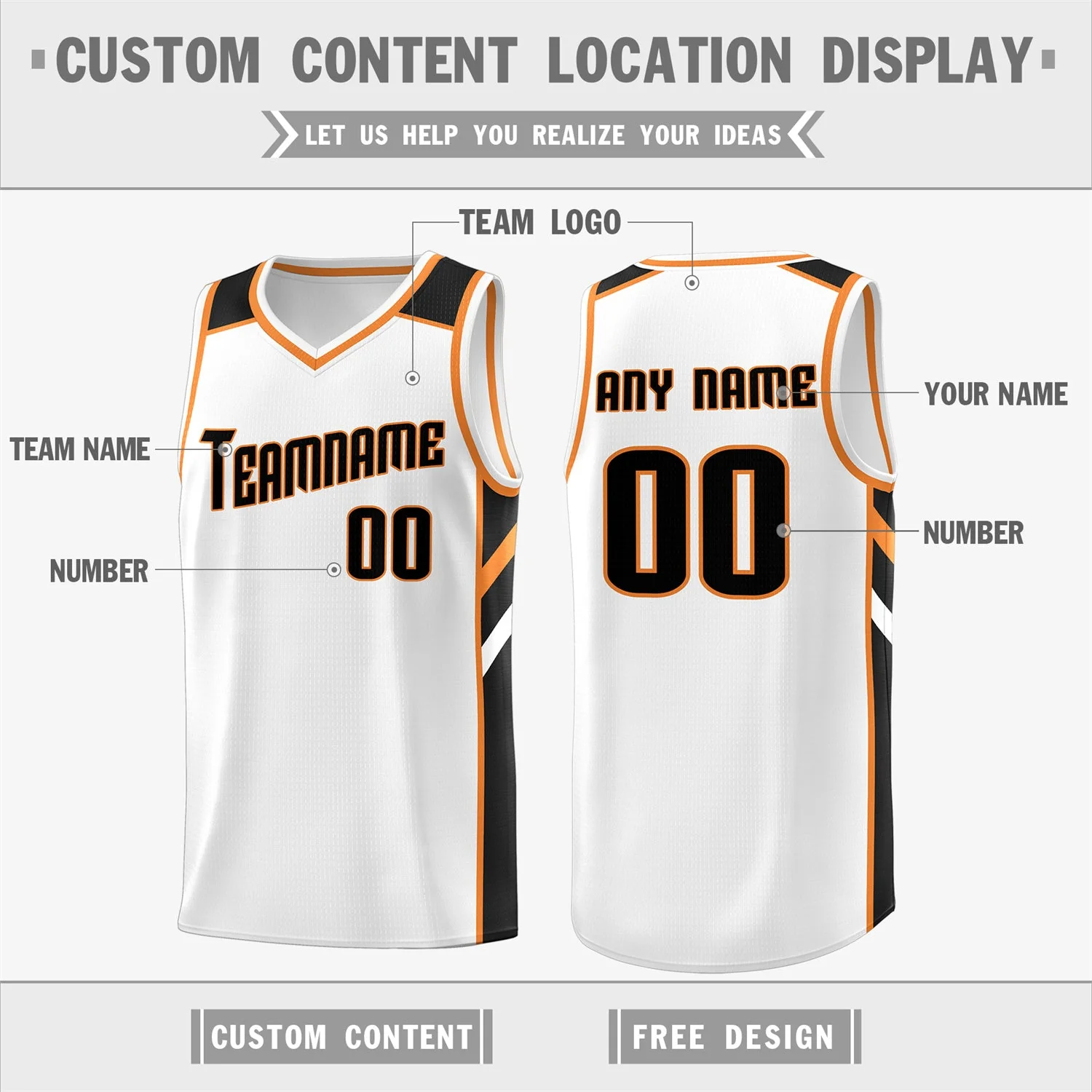 Custom White Black Orange Classic Tops Men/Boy Athletic Basketball Jersey - Image 2