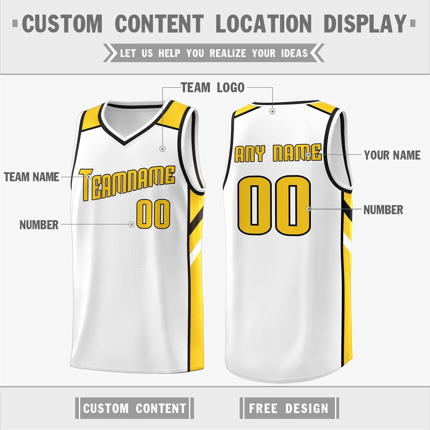 Custom White YellowClassic Tops Breathable Basketball Jersey - Image 2