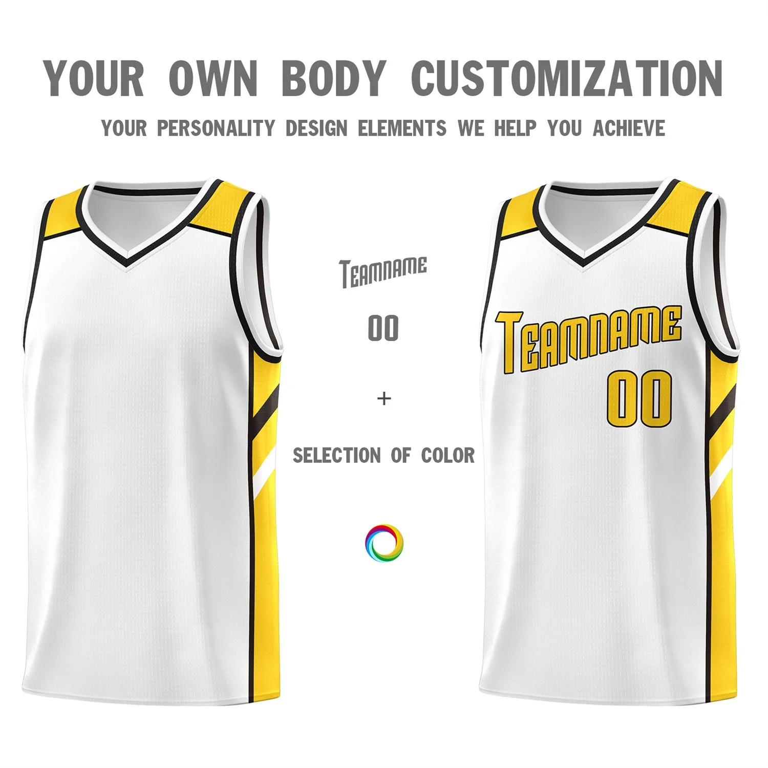 Custom White YellowClassic Tops Breathable Basketball Jersey - Image 3