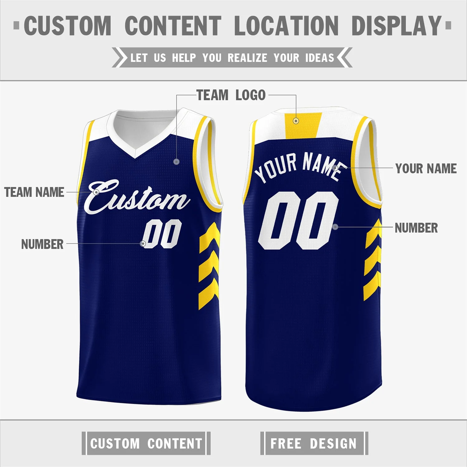 Custom Navy White-Yellow Classic Tops Mesh Sport Basketball Jersey - Image 2