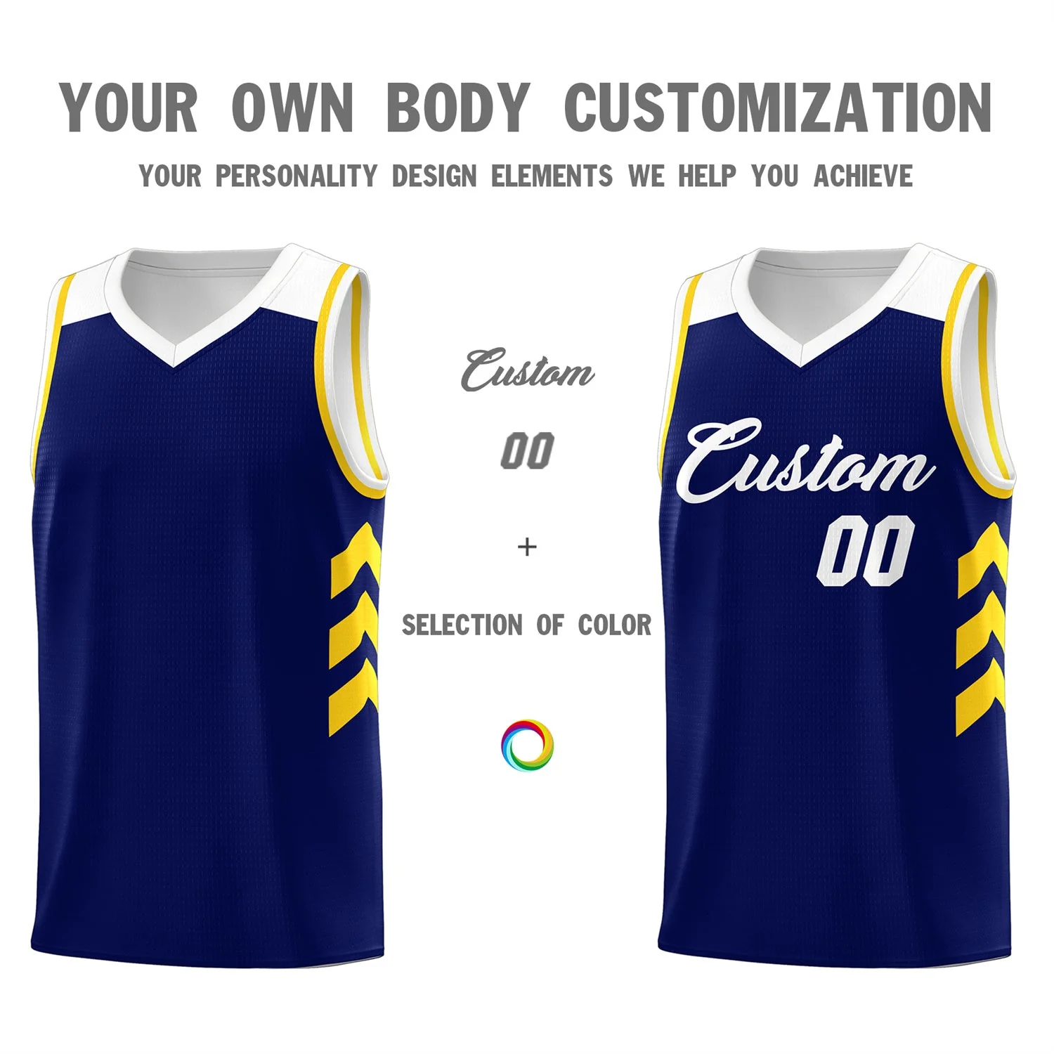 Custom Navy White-Yellow Classic Tops Mesh Sport Basketball Jersey - Image 3