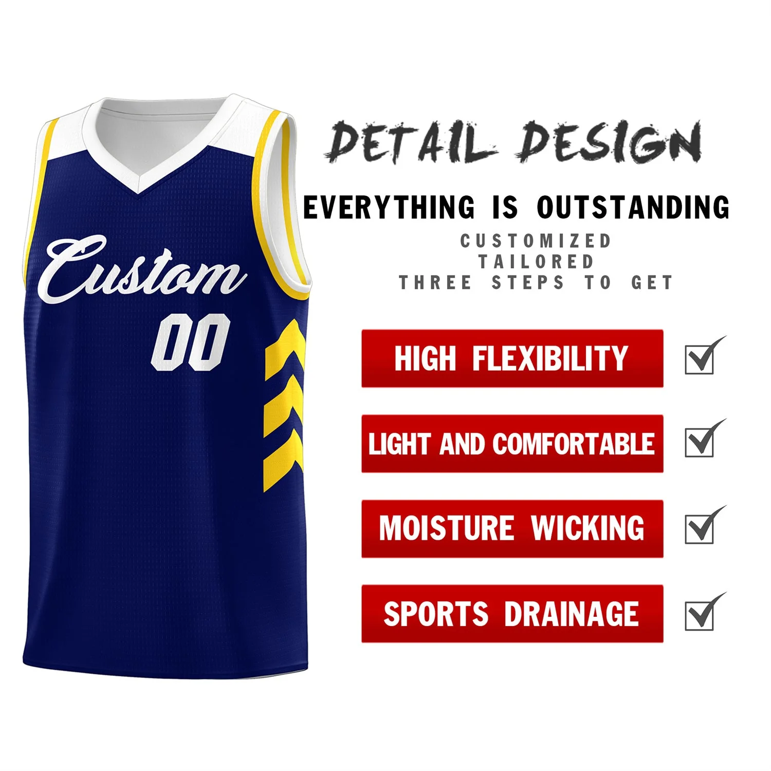 Custom Navy White-Yellow Classic Tops Mesh Sport Basketball Jersey - Image 4