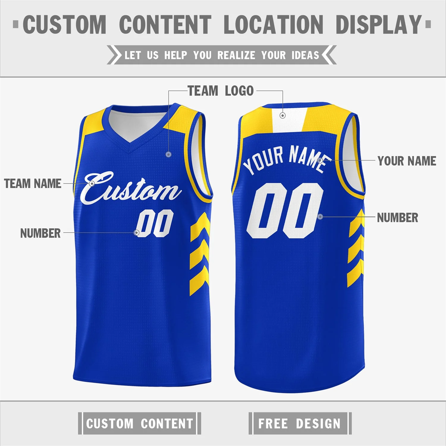 Custom Royal White-Yellow Classic Tops Mesh Sport Basketball Jersey - Image 2