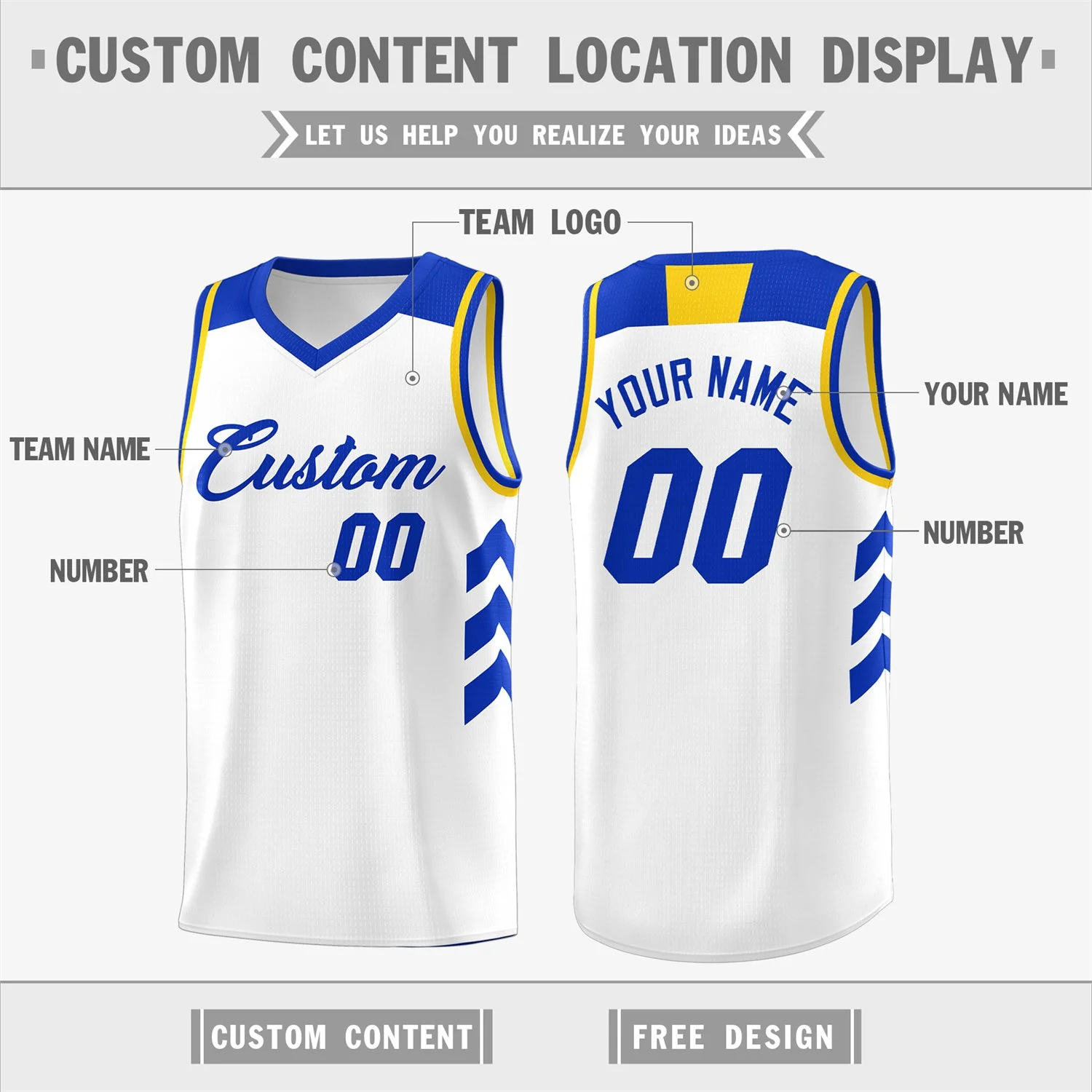 Custom White Royal-Yellow Classic Tops Fashion Basketball Jersey - Image 2