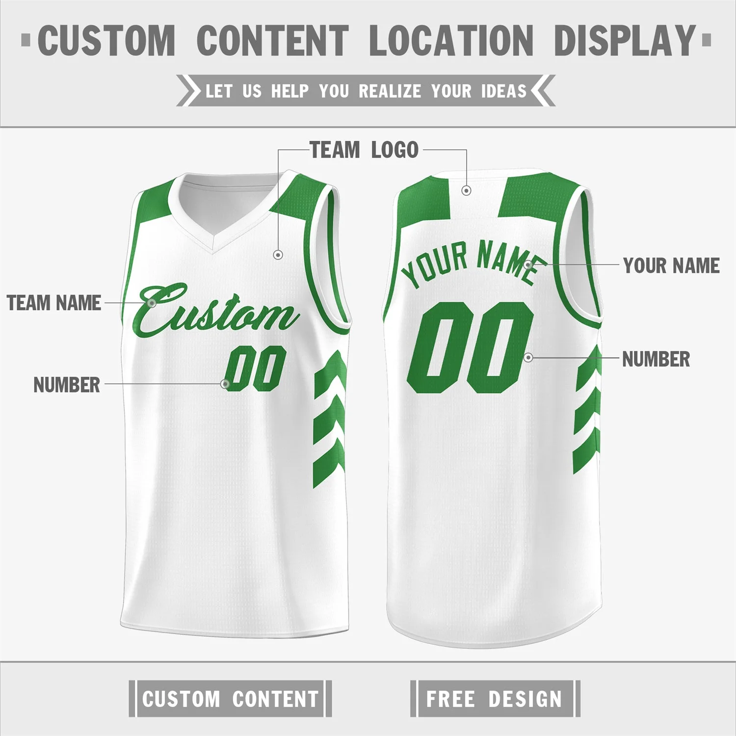 Custom White Green Classic Tops Fashion Sportwear Basketball Jersey - Image 2