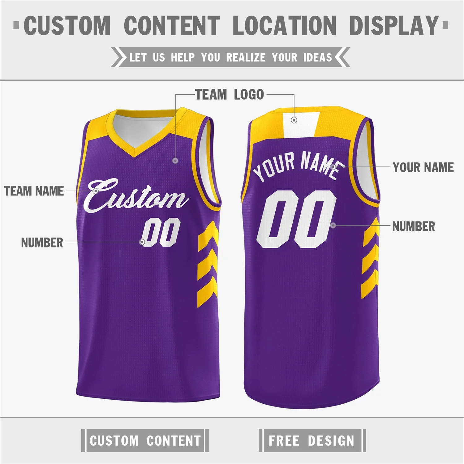 Custom Purple White-Yellow Classic Tops Mesh Sport Basketball Jersey - Image 2